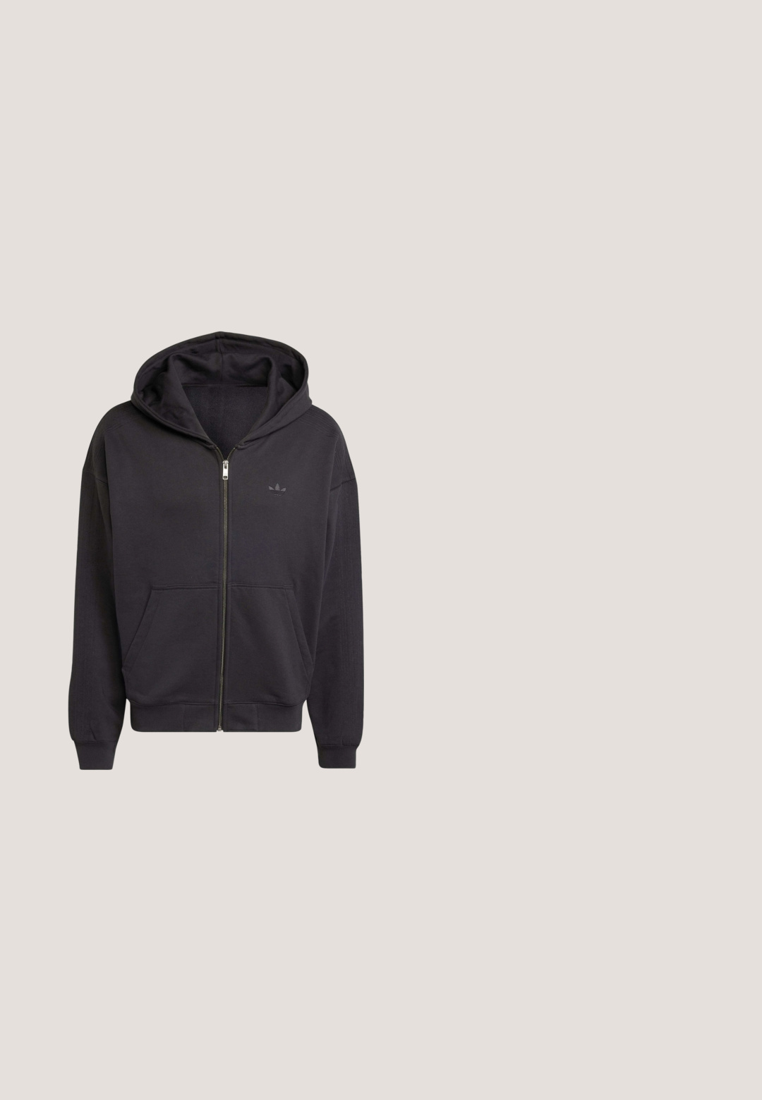 Hoodie noir à zip en tissu doux, doté d'une poche kangourou, de poignets côtelés et d'une capuche, avec un petit logo en relief sur la poitrine.; Gilet en duvet noir avec col haut, texture matelassée, fermeture éclair avant et sans manches. Matériau lisse et léger avec une finition brillante.; T-shirt noir avec col et bords de manches blancs, présentant trois rayures horizontales blanches sur chaque épaule et un petit logo Adidas blanc.; Pantalon de jogging Adidas noir avec trois bandes blanches sur les côtés et un petit logo Adidas blanc sur la partie haute de la cuisse gauche.; Baskets basses noires Adidas avec laçage à l'avant, trois bandes latérales, col matelassé et semelle texturée.; Sac bandoulière ovale vert foncé avec motif texturé, poche avant zippée et sangle réglable en cordon noir.