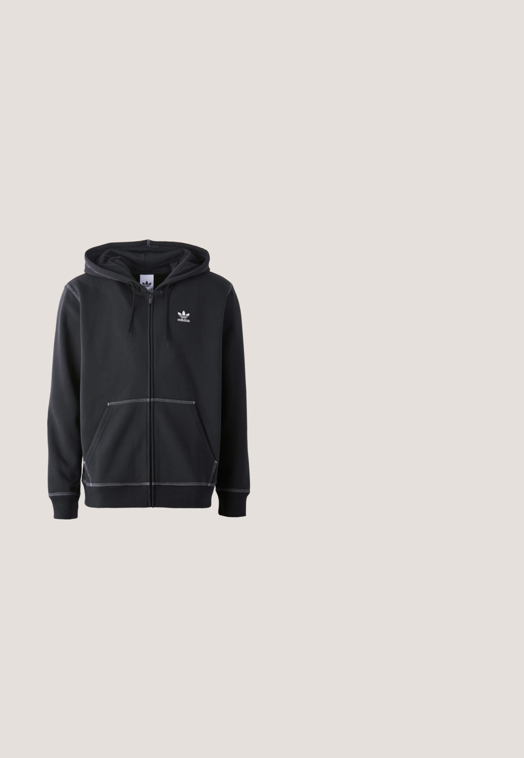 Čierna mikina na zips vyrobená z mäkkého materiálu, ktorá má predné vrecko typu kangaroo, biele švy a malé biele logo na hrudi.; adidas Originals Tričko s potlačou - black/grey; Čierne šortky vyrobené z kombinácie bavlny s elastickým pásom, s bielymi bočnými prúžkami a malým logom v dolnom ľavom rohu.; Čierna nepremokavá gumená čižma s nastaviteľnou prackou, textúrovaným povrchom, mierne zakriveným tvarom a robustnou podrážkou pre lepšiu trakciu.; Priehľadné slnečné okuliare so sivým rámom a tmavými obdĺžnikovými sklami s logom "A|X" na stráničkách, zobrazené na bielom pozadí.; Čierna nylonová taška cez rameno s nastaviteľným popruhom, plochým dizajnom a bočnou nálepkou s logom. Hladká textúra a minimalistický štýl.