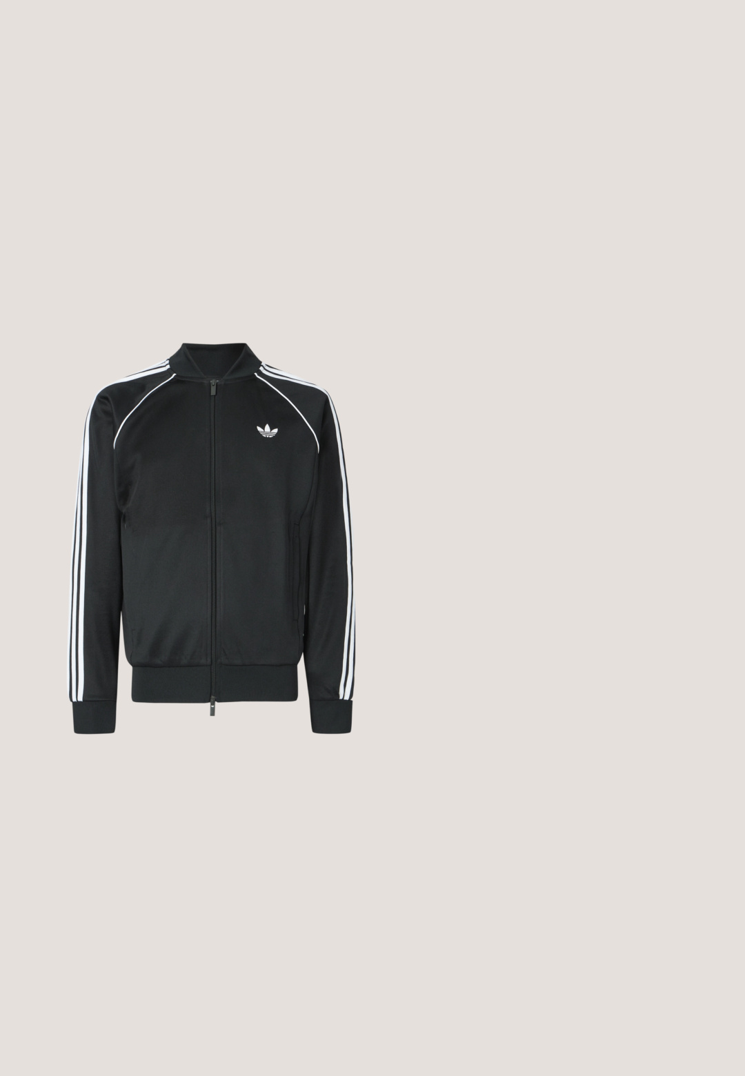 Black zipped track jacket made of smooth synthetic material. Features white accent stripes along sleeves and a small logo on the chest.; Black short-sleeve athletic shirt with grey accents, made from stretchy fabric. Features an Adidas logo on the left chest and Techfit branding.; Black athletic pants made of lightweight material, featuring an elastic waistband and a small embossed logo in the upper left leg area.; Black athletic sneaker with mesh and synthetic upper, lace-up design, thick cushioned sole, and pull tab at heel on neutral background.; Black Calvin Klein shoulder bag with front flap, buckle closure, and adjustable strap on white background.; Casio digital watch with a black plastic strap, rectangular case, large LCD display, water-resistant to 100 meters, and 10-year battery life.