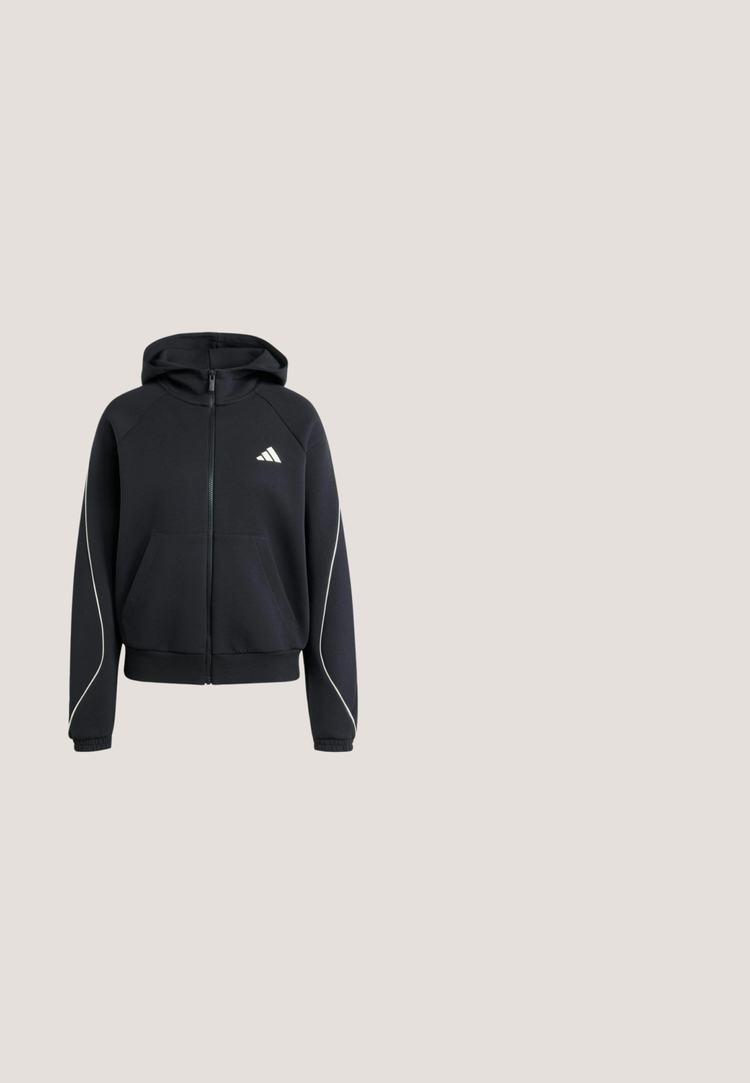 Zwarte hoodie met rits, voorzakken, elastische manchetten, witte bies op de mouwen en een klein wit Adidas-logo op de borst.; Zwart donzen jack met capuchon, voorzien van een ritssluiting aan de voorkant, horizontaal doorgestikt ontwerp en witte strepen langs de mouwen.; Witte sportshirt met korte mouwen, gemaakt van zachte, rekbare stof. Voorzien van een klein zwart Adidas-logo op de borst.; Zwarte legging van rekbaar materiaal, met een brede tailleband en drie witte horizontale strepen nabij de onderbenen.; Zwart-witte Adidas Supernova hardloopschoen met mesh bovenwerk, drie strepen, een dempende zool met het label Dreamstrike en een hielriempje.; Zwarte rechthoekige tas met twee grote voorvakken, zilverkleurige rits bovenaan en twee brede schouderbanden.