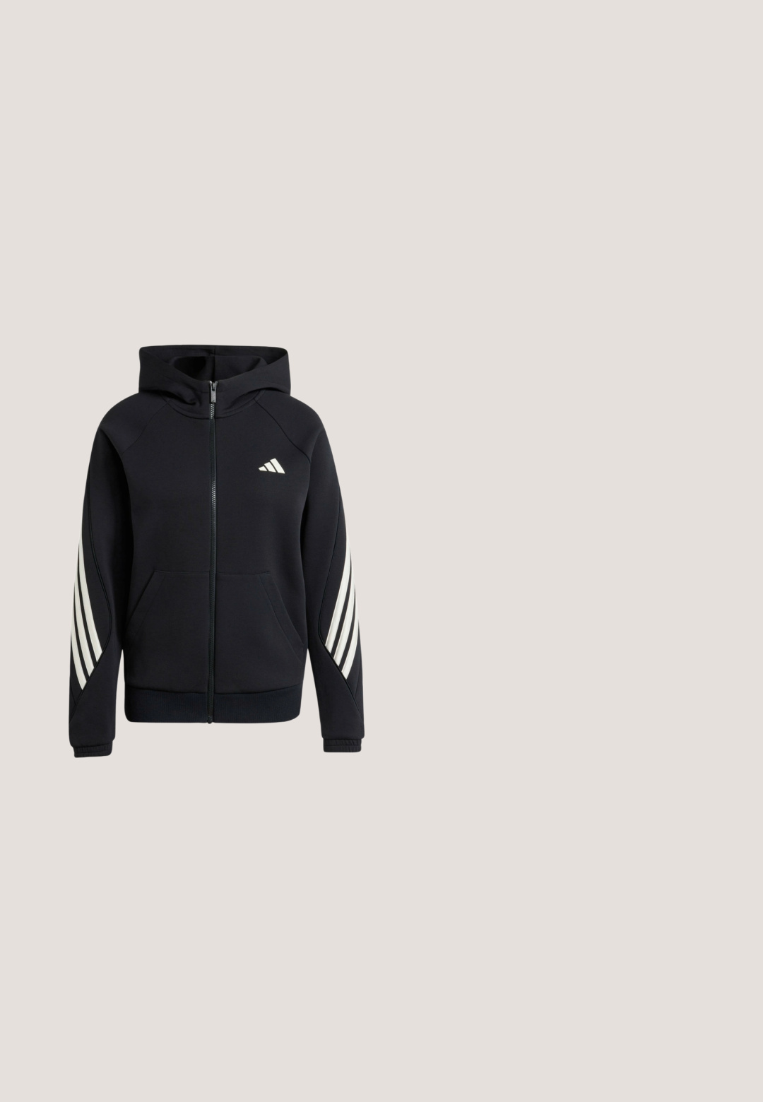 Sort lynlåshættetrøje med hætte, forlommer, hvide diagonale striber på ærmerne og lille hvidt logo på brystet.; Lys grå T-shirt med korte ærmer, der har en rund hals, "ADIDAS RUNNING" trykt i pink, med pink Adidas-logo på brystet. Blød stoftekstur.; Sort atletikbukser med elastik i taljen og ved anklerne, med tre hvide striber i siden og et lille hvidt Adidas-logo på låret.; Sorte sportssko med en struktureret overdel, hvidt tre-stribe-design, gummiydersål og kontrasterende hvide detaljer på hælen.; Sort skuldertaske i halvmåneform med justerbar rem og diskret præget Adidas-logo foran.; Snoede sølvfarvede metaløreringe med et taperet stud-design og en rund ring, der fremhæver en glat overflade og poleret finish.