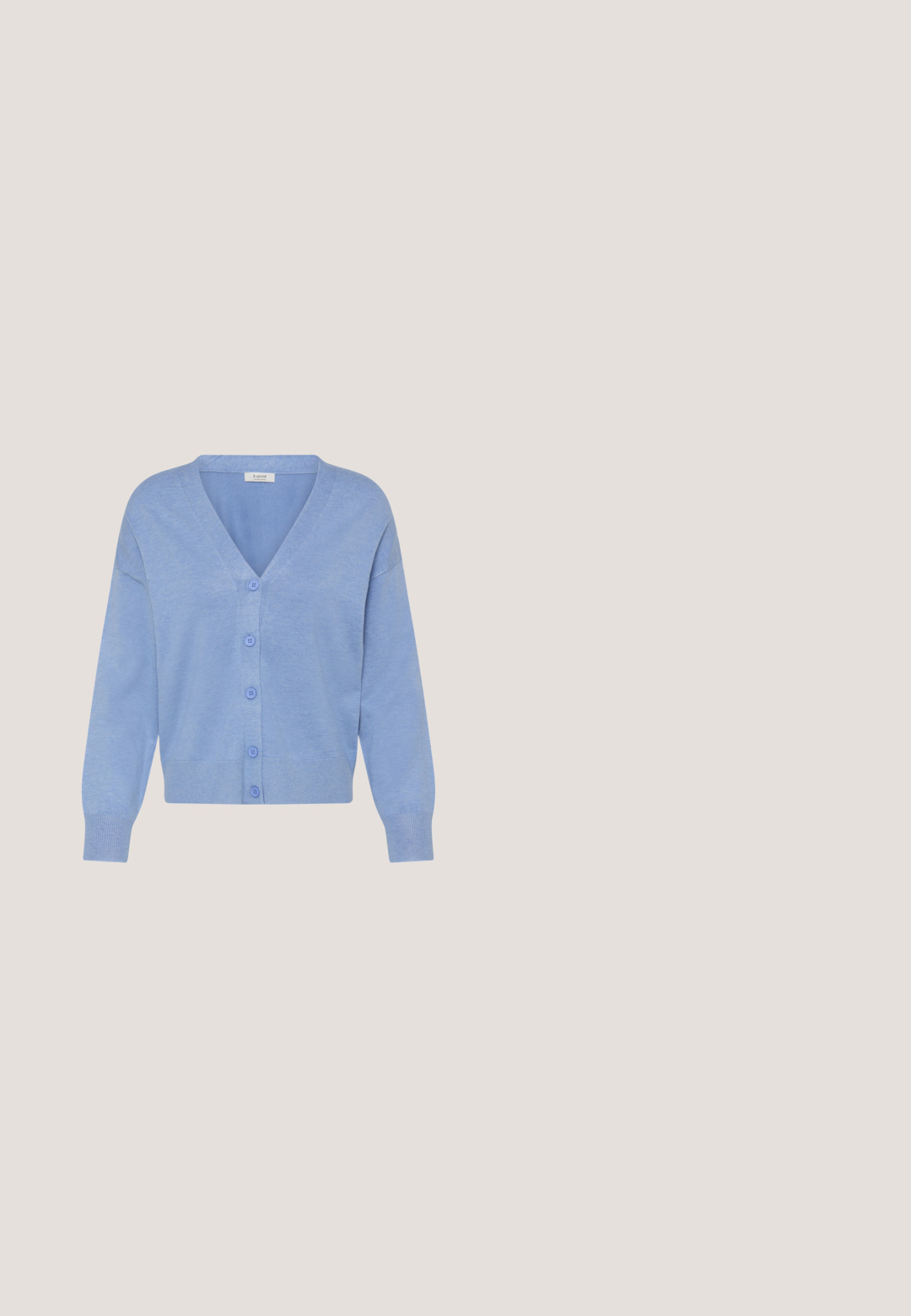 Hellblauer Cardigan aus weichem Strickmaterial, mit V-Ausschnitt, langen Ärmeln und sechs passenden Knöpfen vorne.; Helles blaues ärmelloses Oberteil mit quadratischem Ausschnitt, aus glattem Stoff gefertigt, mit einer taillierten Passform und einer minimalistischen Silhouette.; Hellblaue, hochtaillierte, weit geschnittene Hose mit Bügelfalten vorne und einem elastischen Bund.; Helle blaue Sneakers aus glattem Leder und Wildleder, mit abgerundetem Zehenbereich, kontrastierenden Schnürsenkeln und einer weichen weißen Gummisohle.; Blau transparente Tragetasche mit zwei Griffen, die eine glatte Textur aufweist und das geprägt Logo "HEY MARLY" auf der Vorderseite sowie metallene Druckknopfverschlüsse hat.; Halskette mit runden hellblauen Perlen und einem zentralen beigen Spiral-Muschel-Anhänger, abgeschlossen mit einer goldenen Verlängerungskette und einem kleinen Markenzeichen.