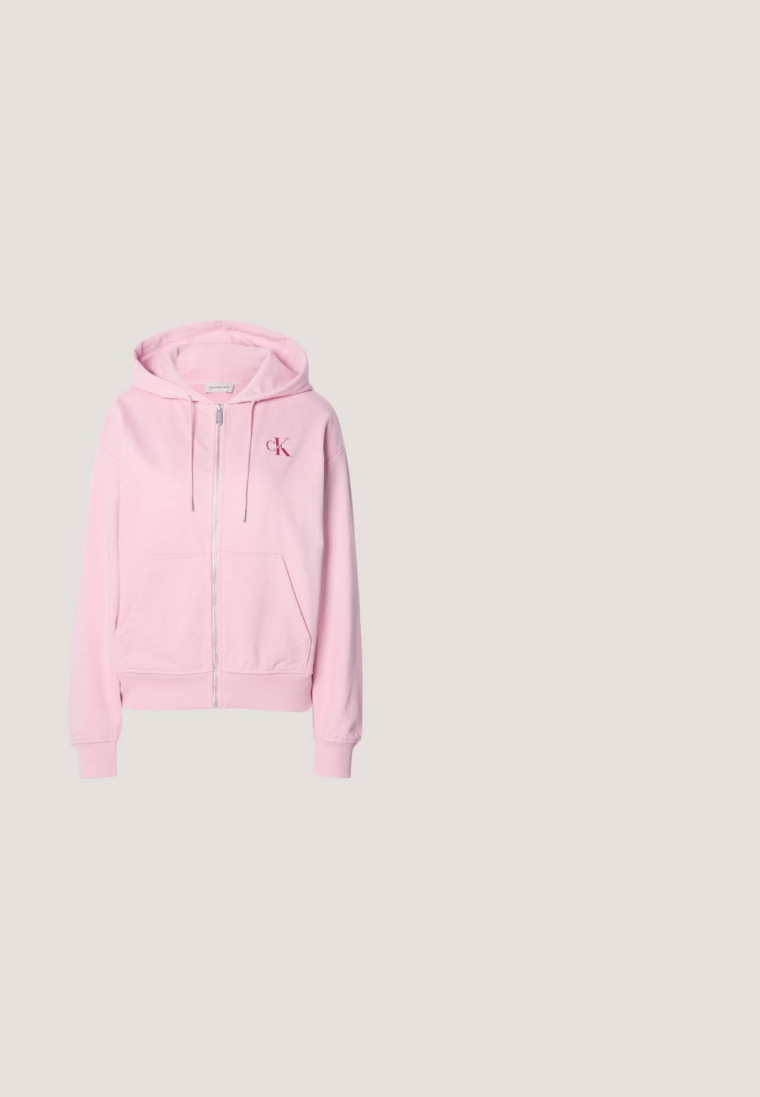 Roze zip-up hoodie gemaakt van een zachte katoenmix, met een voorzak, een capuchon met trekkoord en een klein logo op de linkerborst.; Denimblauwe cropped tanktop met dunne verstelbare schouderbandjes en verticale naaddetails aan de voorkant.; Uitlopende denim jeans in donkerblauw, met voorzakken, metalen knopen en subtiele stiksels. Katoenen stof met een gladde textuur.; Witte lage sneakers met een textuur canvas bovenwerk, zwarte hielaccent, en een bedrukte logo op de zijkant. Vlakke rubberen zool.; Lichtroze rechthoekige crossbodytas met verstelbare band en geperst "cK"-logo op het voorpaneel tegen een witte achtergrond.; Calvin Klein SPIRAL - Armband - silver-coloured
