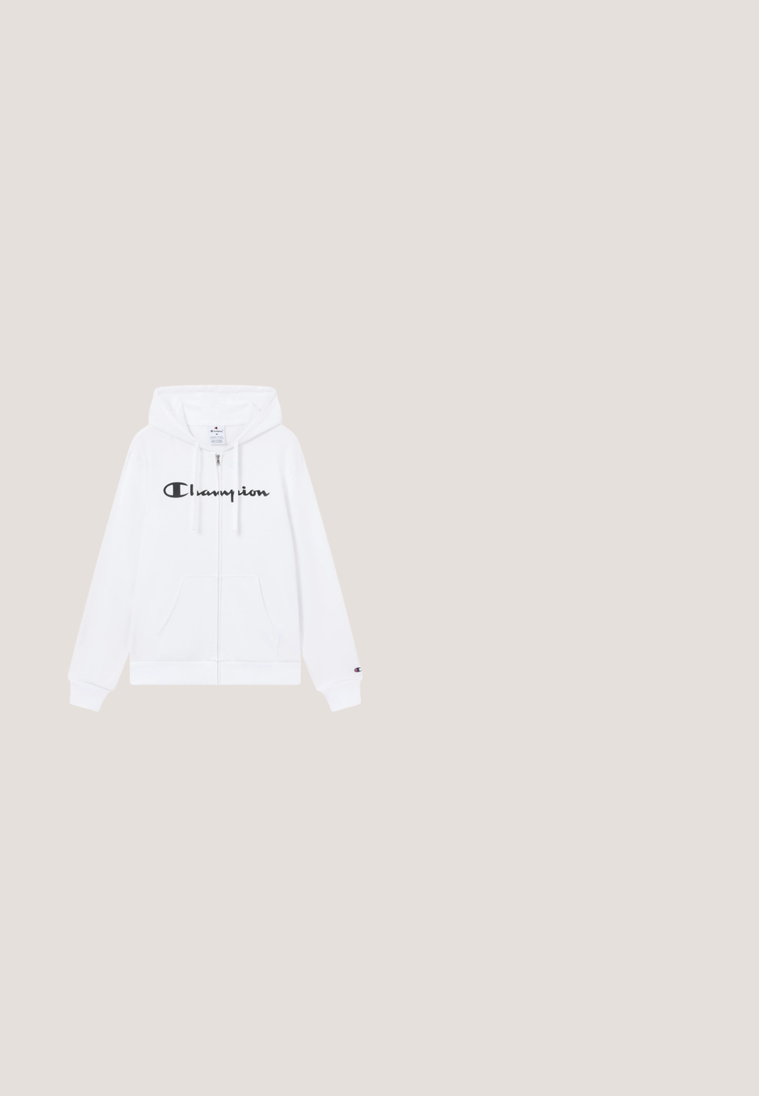 Witte hoodie met ritssluiting, gemaakt van een katoenmengsel. Heeft een zwart "Champion" logo over de borst, twee voorzakken en een capuchon met trekkoord.; Marineblauwe gewatteerde gilet met een hoge kraag, rits aan de voorkant en zijzakken. Bovenste gedeelte heeft zwarte stof. Merkenlogo op de linkerborst.; Zwarte t-shirt met korte mouwen van katoen. Heeft een geel en oranje 'HUMMEL' logo over de borst in een vetgedrukte, diagonale lettertype.; Zwarte sportshorts van atletisch ontwerp met een elastische tailleband, trekkoord detail en gestructureerde zijpanelen. Gemaakt van lichtgewicht stof.; Witte leren sneaker met suède accenten, rubberen zool, platte veters en drie gestreepte ontwerpelementen aan de zijkant. Minimalistische en klassieke structuur.; Zwarte sporttas van glad synthetisch materiaal. Beschikt over dubbele draaghandvatten, een afneembare schouderriem en een ritszak.