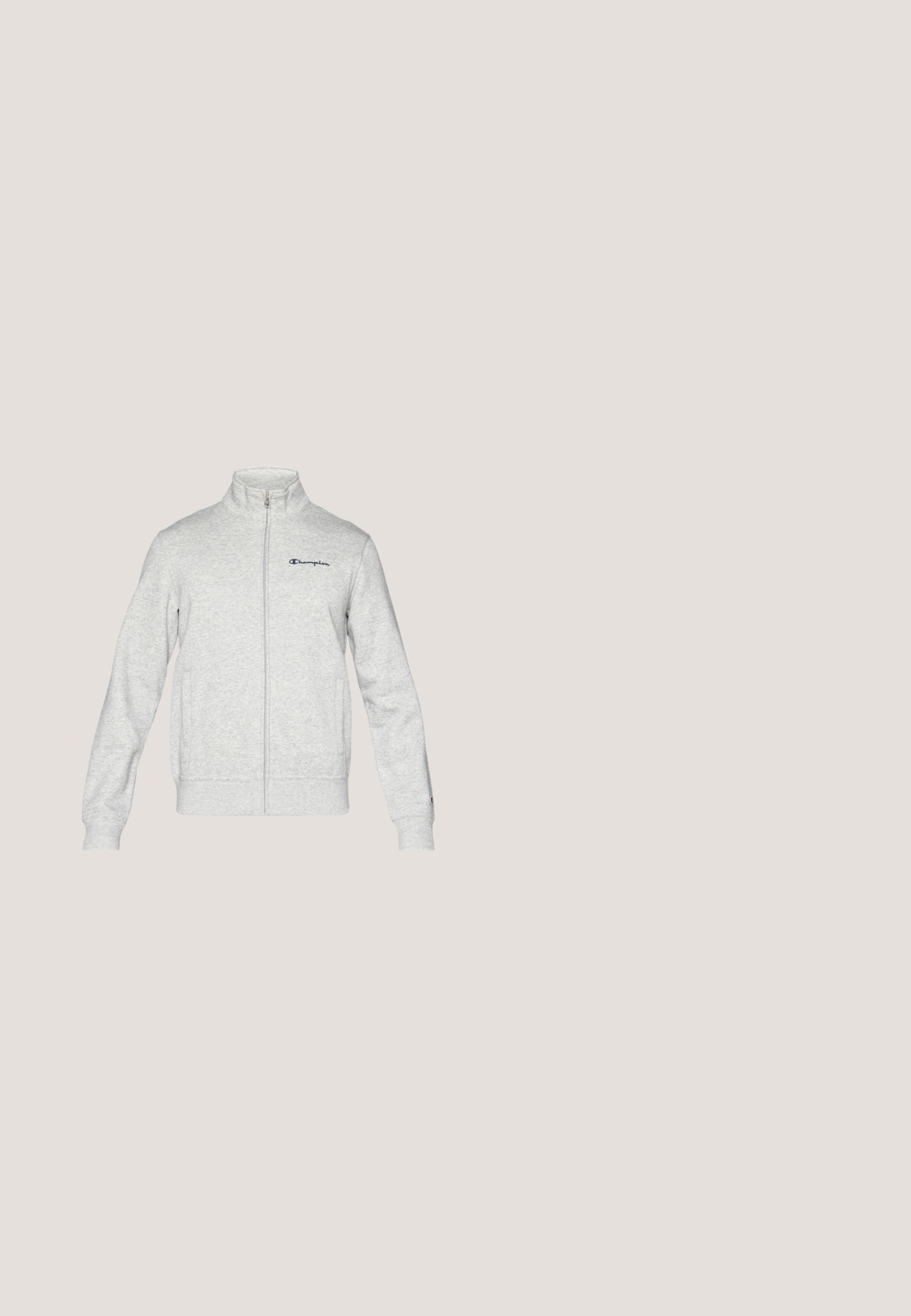 Veste zippée gris clair avec col montant, logo Champion brodé sur la poitrine gauche et petit logo sur le poignet de la manche gauche.; Gilet matelassé noir avec un col haut, fermeture éclair avant et design rembourré. Présente un logo "ellesse" blanc et un logo d'accent rouge/jaune sur la poitrine.; T-shirt en coton gris à manches courtes. Arborant un logo "ellesse" bleu foncé sur la poitrine gauche et un détail de logo coloré au niveau de l'encolure.; Pantalon de survêtement gris clair, longueur intégrale, avec taille élastique et poignets aux chevilles, présenté sur un fond clair uni.; Chaussure de sport blanche en cuir synthétique, avec un design bas, un système de laçage et des accents du logo Fila en rouge et bleu. Semelle en caoutchouc fine.; Sac banane noir avec une tirette de fermeture éclair rouge et un patch logo rectangulaire "montagne" affichant un soleil et des rayures à l'avant.