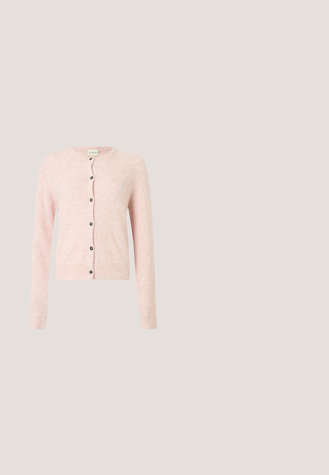 Lichtroze vest met ronde hals, lange mouwen en zwarte knopen aan de voorkant. Zachte, gestructureerde stof met geribbelde boorden.; adidas Originals TUBE - Top - clear pink; Zachte roze satijnen midi-rok met een A-lijn silhouet en soepel, vloeiend stof.; Lichtgroene platte schoen met spits toelopende neus, T-bandje met zilveren gesp en een beige zool, getoond in zijaanzicht rechts op een witte achtergrond.; Witte leren handtas met een gestructureerd ontwerp, enkele bovenste handgreep, en verstelbare schouderriem. Heeft minimalistische hardwareaccenten.; Gouden en zilveren hoepeloorbellen met een glad, rond ontwerp. Het gouden gedeelte heeft een gepolijste afwerking, in contrast met het glanzende zilver.
