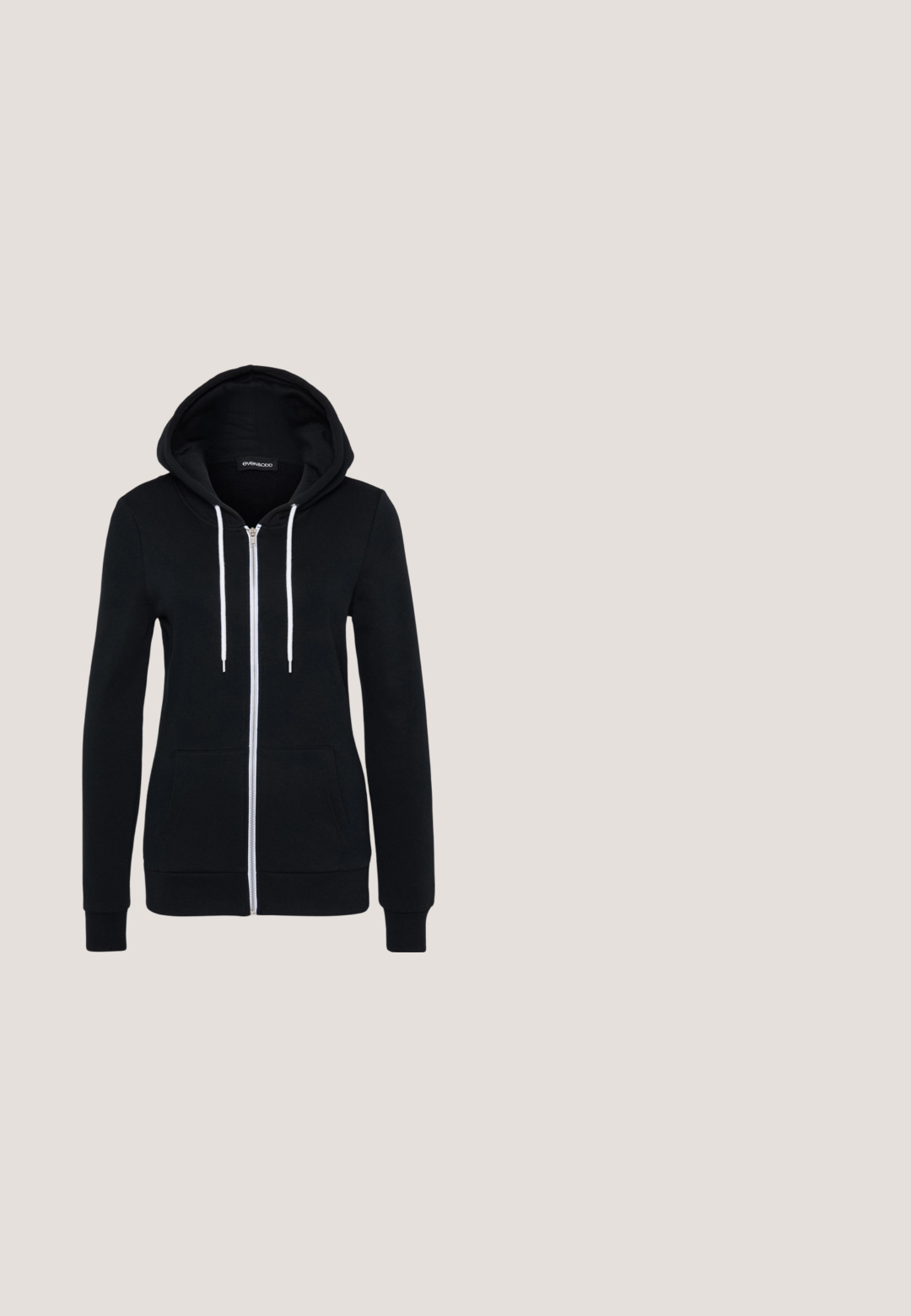 Sudadera negra con cremallera y cordones blancos, mangas largas y un bolsillo frontal. Fabricada con un tejido suave y de textura lisa.; Camiseta blanca de manga corta hecha de una tela suave. Cuenta con un escote redondo y un corte recto, con una etiqueta en el cuello interior.; Leggings negros hechos de una tela suave y elástica. Tienen un ajuste ceñido con una cintura elástica y una textura suave y mate.; Zapatillas negras de ante con detalles en cuero blanco, tres rayas blancas, cordones planos y una gruesa suela de plataforma gris. Marca "Gazelle" en dorado.; Bolso de hombro de tela negro con una superficie suave y texturizada, forma redondeada y una sola correa. Diseño minimalista sin hardware ni acentos visibles.; Pendientes de metal plateado con un diseño curvado minimalista, que presentan formas de lágrima abiertas y alargadas con un acabado mate.