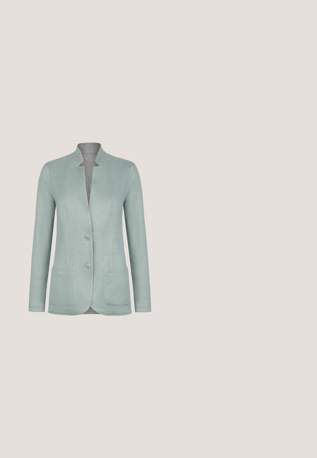 Lichtgroene gebreide blazer met twee knopen aan de voorkant, opgestikte zakken, lange mouwen en een reverskraag.; Korte mouwen, lichtblauwe gebreide trui met een ronde hals en geribbelde boorden en zoom.; Lichtgrijze uitlopende broek van een gladde stof, met een aansluitende taille en zijzakken, voorzien van een persnaad aan de voorkant voor extra structuur.; Witte suede pumps met spitse neus en een gebogen hak. Gladde textuur, minimalistisch ontwerp en een lichtgekleurde binnenzool. Duurzame zool.; Lichtblauwe leren handtas met twee korte handvatten, gouden draaisluiting en "LANCASTER PARIS" in goud reliëf aan de voorkant.; Glanzstücke München MUSCHEL - Ketting - metal