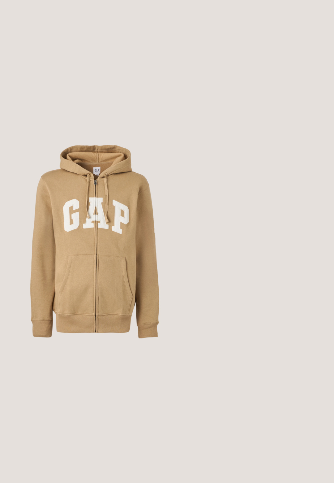 Beige Zip-Hoodie mit einer Vordertasche und weißen "GAP"-Logo. Aus weichem Stoff gefertigt, mit gerippten Bündchen und Saum.; Braune gesteppte ärmellose Weste mit hohem Kragen, durchgehendem Frontreißverschluss, zwei seitlichen Reißverschlusstaschen und kleinem Brustlogo auf einfarbigem Hintergrund.; Ein einfaches weißes T-Shirt mit kurzen Ärmeln und Rundhalsausschnitt, dargestellt auf einem hellgrauen Hintergrund.; Braune Denim-Jeans mit geradem Schnitt, fünf Taschen und klassischem Knopfverschluss. Der Stoff hat eine glatte, strukturierte Oberfläche.; Weißer Ledersneaker mit schwarzen Streifen und hellbraunem Wildleder-Zehenkappe. Gummisohle in Dunkelbraun. Schnürsenkel und gepolsterter Kragen vervollständigen das Design.; Burgunderfarbene Umhängetasche aus glattem Stoff mit silberfarbenen Beschlägen, verstellbarem schwarzen Gurt und vorderer Reißverschlusstasche. Mit Logo-Plakette.