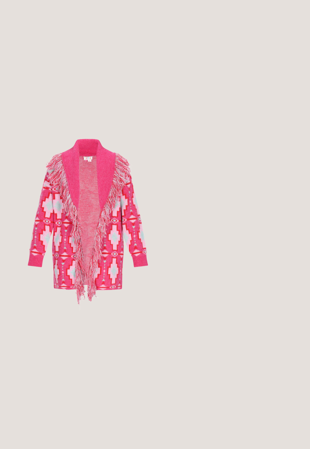 Lyserød fringed cardigan med et geometrisk mønster i klar lyserød og lys blå. Har en åben front og lange ærmer. Blødt materiale.; Sort én-skulder top med abstrakte orange, røde og hvide prikkede mønstre. Lavet af et tekstureret, elastisk stof; har rynket detaljering.; Bredde denim jeans i en mellemblå vask, med forlommer, en knap- og lynlåslukning samt let falmning på lårene.; Lavskaftet sneaker med burgunder ruskind, paneler af tufset blomsterstof, røde læderdetaljer, hvide snørebånd og gummisål.; Brun læder crossbody taske med klaplukning og ovalt gyldent metal logoemblem centreret foran.; Elli CHOKER - Halskæder - weiß