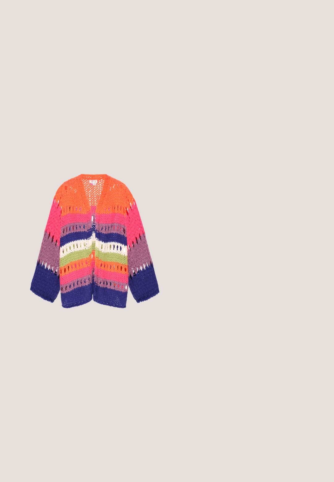 Gilet au crochet avec des rayures vives dans les tons orange, rose, violet, vert et bleu. Ouverture frontale avec larges manches et texture semblable à de la dentelle.; Haut jaune sans manches côtelé avec un col rond et un détail découpé asymétrique près de l'épaule droite.; Jupe midi orange en tricot avec un design en maille. Dotée d'une taille ajustée et d'une finition légère et texturée.; Sandale multicolore à bout ouvert avec talon bloc, bride à la cheville et motif arc-en-ciel texturé rappelant la peau de serpent.; Sac en cuir jaune avec une bandoulière nouée, une grande ouverture et une texture douce. Doté d'une finition mate et lisse sans motifs ni éléments métalliques.; Boucles d'oreilles en perles orange et jaune avec des motifs floraux circulaires, une surface texturée et une combinaison de perles de grande et petite taille.