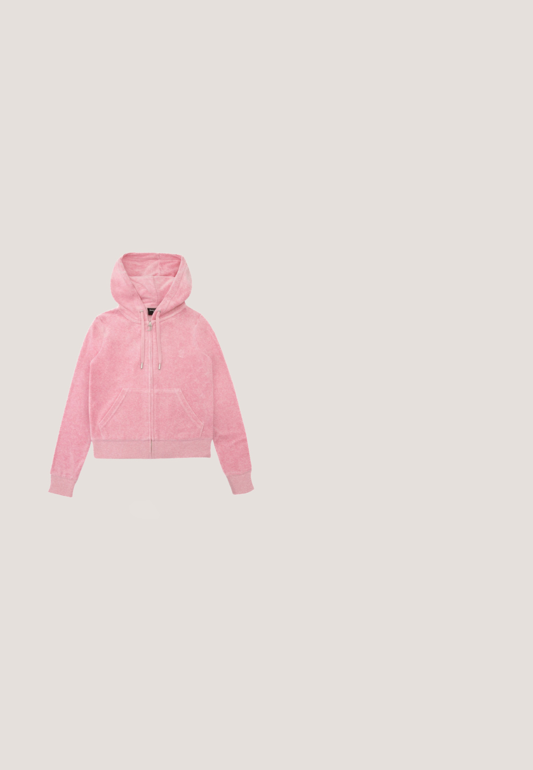 Rosa Kapuzenpullover mit Reißverschluss vorne, zwei Fronttaschen, Kordelzug und gerippten Bündchen. Aus weichem, strukturiertem Stoff gefertigt.; Hellblaues Crop-Top mit kurzen Ärmeln und rundem Ausschnitt, mit „Juicy“ in Strasssteinen zentriert auf der Brust.; Hellblaue Jeans aus Denim mit leicht ausgestelltem Bein, Vordertaschen, Gürtelschlaufen, Knopf- und Reißverschluss, auf weißem Hintergrund dargestellt.; Weißer klobiger Sneaker mit dicker Sohle und dekorativen 3D-Schmetterlingsakzenten an der Seite, den Schnürsenkeln und der Ferse.; Juicy Couture KIMBERLY SMALL SET - Handtasche - pink; Zarte Halskette aus Gold mit einem kleinen blauen Schmetterlingsanhänger, der Details in Schwarz und Weiß auf den Flügeln zeigt.