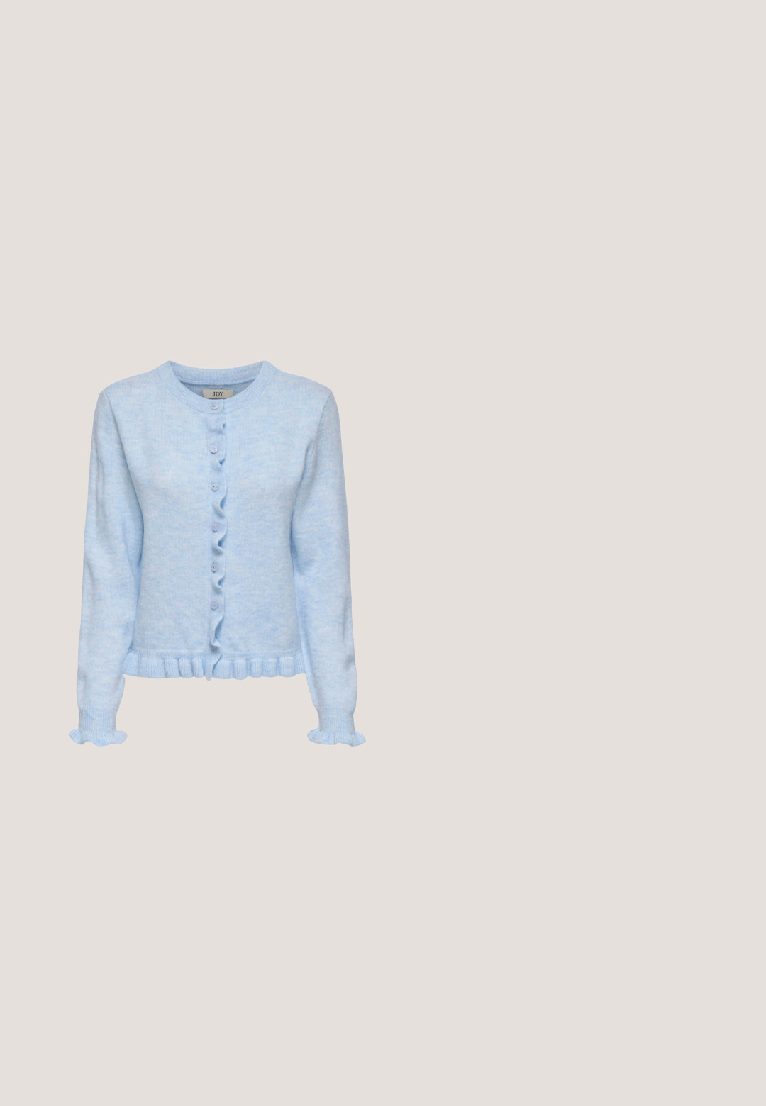 Lichtblauwe cardigan met lange mouwen, ronde hals, knoopsluiting en gerafelde randen bij de manchetten en zoom.; Lange, lichtroze jurk gemaakt van lichtgewicht stof, met gerimpelde lagen en dunne verstelbare bandjes met een kruisontwerp op de rug.; Lichtroze platte schoen met puntige neus, voorzien van bloemrijke uitgesneden patronen en subtiele paisley-ontwerpen aan de zijkanten.; Lichtblauwe doorschijnende sjaal met verspreide bronzen stippen, gerangschikt in een losse lus met puntige uiteinden die naar beneden hangen.; Witte geplooide clutchtas met een opvallende strikdetail en een gouden kettinghengsel. Zachte textuur met een geplooid ontwerp aan de voorkant.; Witte haarband van textuurstof met glitters. Beschikt over een golvend, geribbeld ontwerp en is aan de binnenkant glad voor comfort.