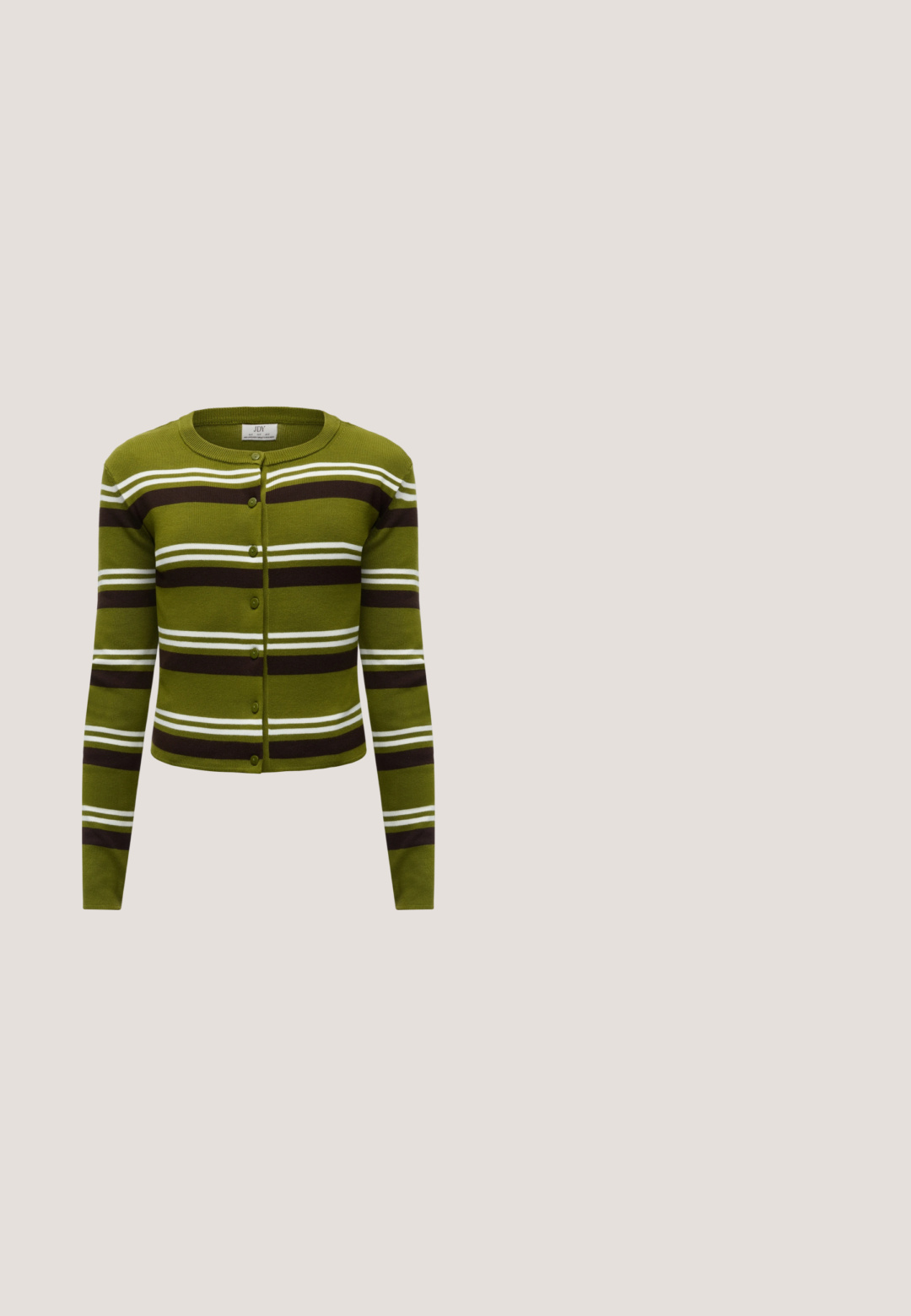 Cardigan vert avec des rayures horizontales marron foncé et blanches, encolure ronde et boutons à l'avant.; Chemise à manches courtes violet foncé avec un petit col en forme de goutte et un col rond, présentée sur un fond clair uni.; Jupe à carreaux noirs et crème avec une taille noire unie. Présente une coupe droite, une texture lisse et un motif uniforme dans tout le vêtement.; Chaussure plate en cuir bordeaux foncé avec un bout pointu et une fine bride en T avec une boucle argentée sur fond blanc.; Sac à main en cuir brun foncé brillant avec de longues anses fines et une base rectangulaire structurée sur un fond clair uni.; Boucles d'oreilles en argent en forme de créoles, ornées d'un cœur et d'un pendentif en forme de diamant. Texture lisse avec une finition polie.