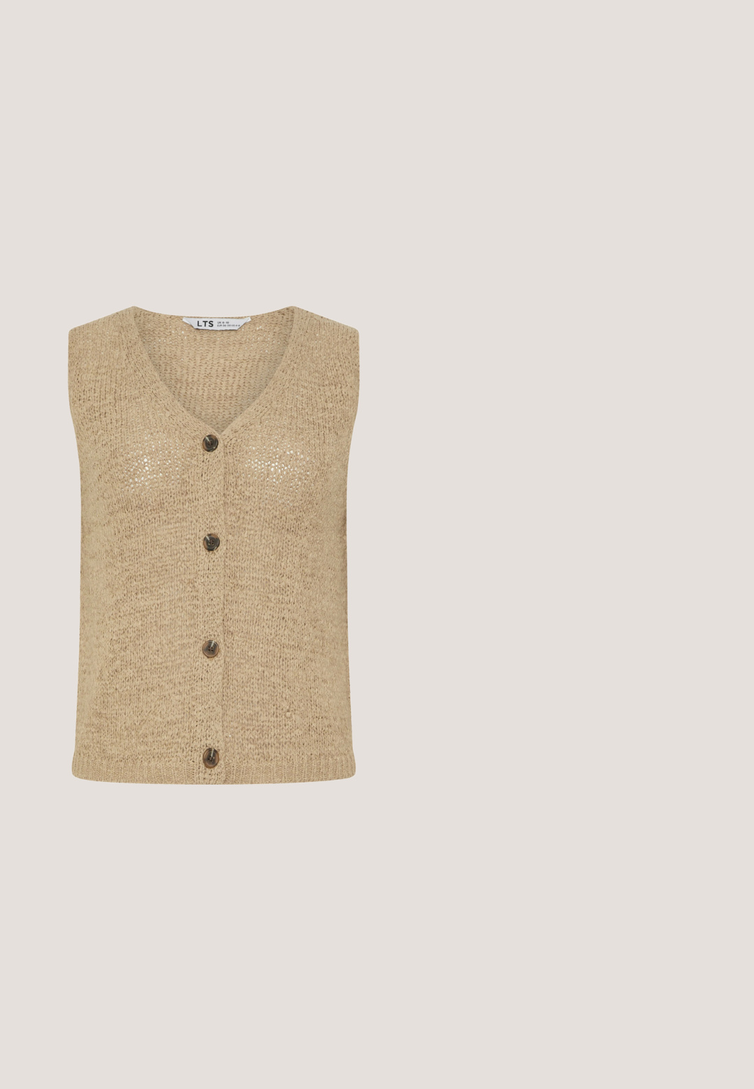 Beige gestrickte ärmellose Strickjacke mit V-Ausschnitt und vier braunen Knöpfen vorne.; Gestreiftes T-Shirt in Creme mit dünnen schwarzen horizontalen Linien. Kurze Ärmel, runder Ausschnitt, weiche Textur, lockere Passform.; Gestreifte beige Hose mit lockerer Passform, Kordelzugbund und geraden Beinen. Hergestellt aus einem weichen, leichten Stoff.; Beige gewebte Slip-On-Sandalen mit flachen Gummisohlen und geschlossenen, abgerundeten Zehen, präsentiert auf weißem Hintergrund.; Sonnenbrille im Schildpatt-Design mit rechteckigen Gläsern, dicken Rahmen und dunkelgetönten Gläsern. Glatte Textur und minimalistisches Design.; usha Shopping Bag - white black