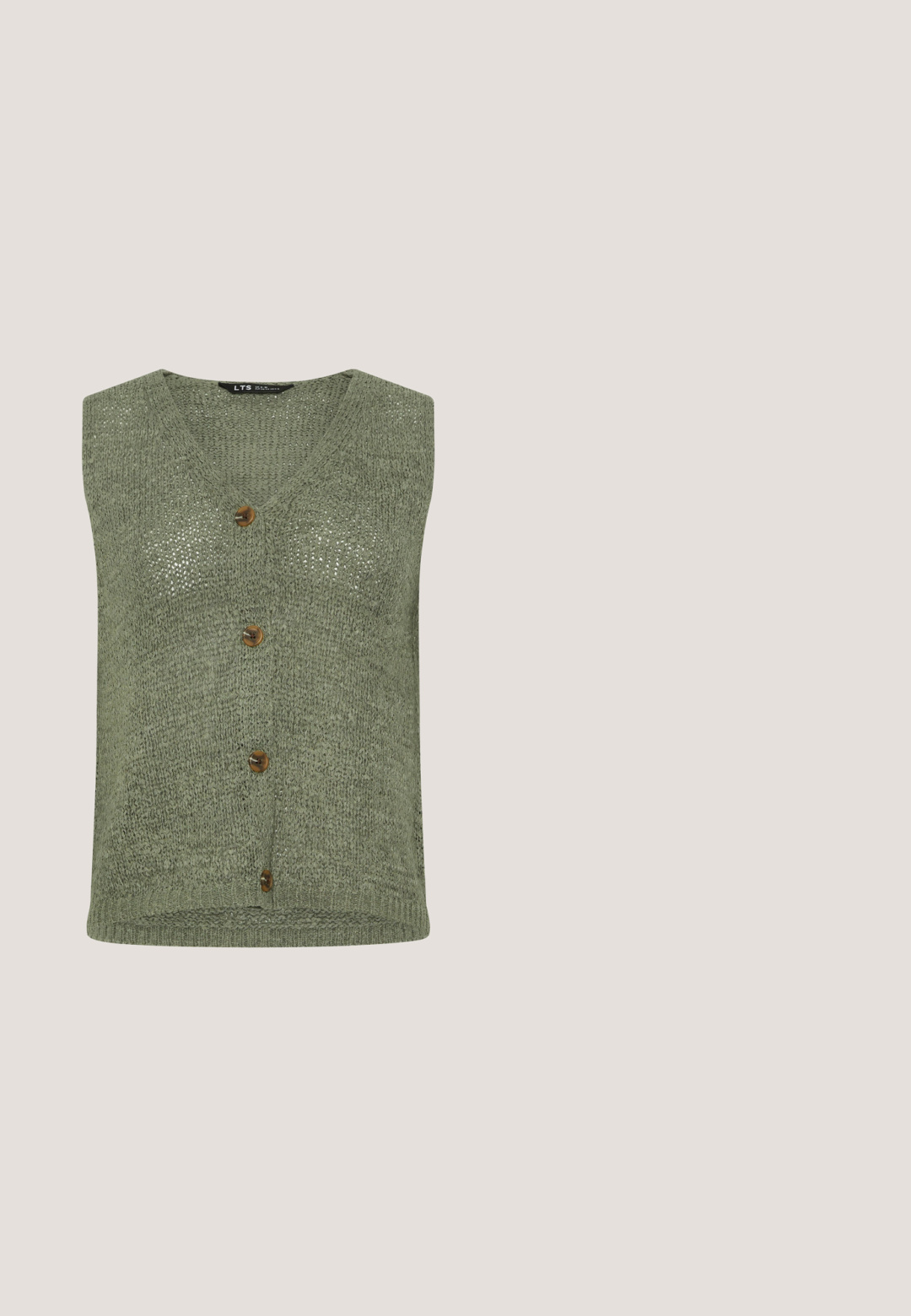 Gestrickte olivgrüne ärmellose Weste mit V-Ausschnitt und vier braunen Knöpfen vorne, aus einem strukturierten, atmungsaktiven Stoff.; Hellbeiger kurzärmeliger Strickpullover mit Rundhalsausschnitt und gerippten Bündchen, auf weißem Hintergrund dargestellt.; Long Tall Sally FEEL WIDE LEG - Stoffhose - khaki; Beige Riemensandalen mit zwei verstellbaren Riemen und einer goldfarbenen Schnalle. Hergestellt aus glattem synthetischem Material. Texturierte Gummisohle.; Beigefarbene, halbmondförmige Handtasche mit gepolstertem Riemen, Reißverschluss und dezentem "Johnny Urban"-Logo in der vorderen Mitte.; Goldene Creolen mit einem floralen Clusterdesign, das weiße Perlen und einen zentralen klaren Edelstein umfasst. Glatte, glänzende Oberfläche mit geschwungenen Formen.