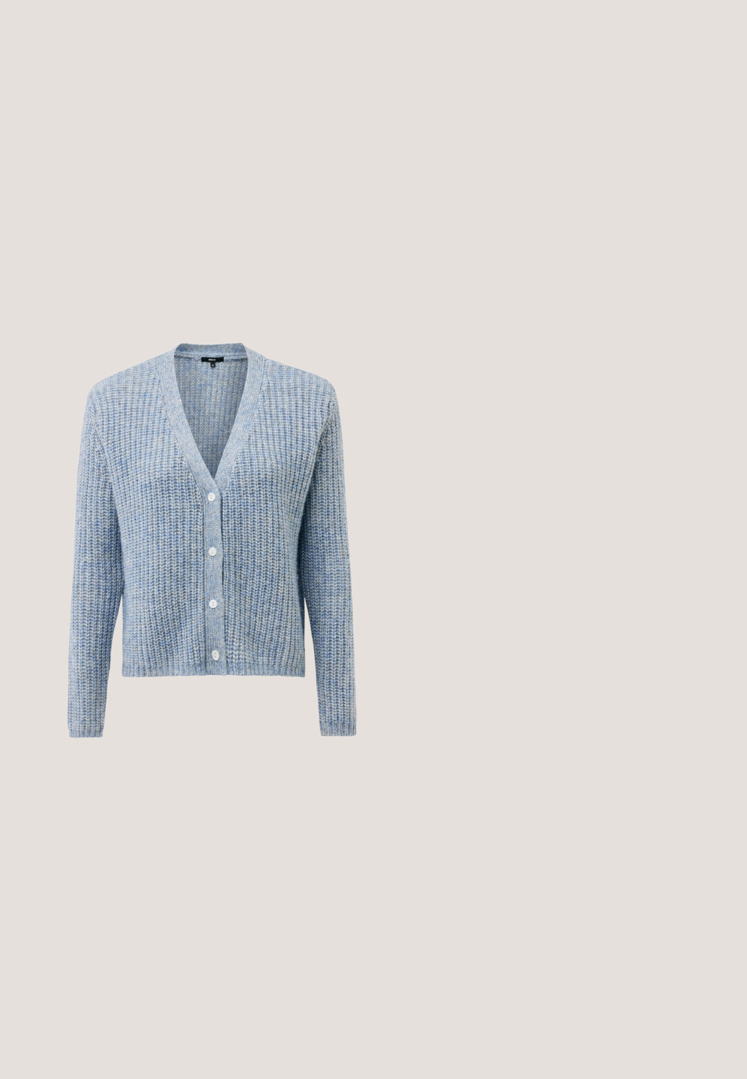 Hellblau gestrickte Strickjacke mit V-Ausschnitt, langen Ärmeln, Knopfverschluss und strukturiertem Muster.; Weißes Baumwoll-T-Shirt mit schwarzem Ringkragen und -ärmeln. Auf der Vorderseite ist ein Grafik von einer Rose und der Text "AKTIVE EXZELLENZ" abgebildet.; Navy-blaues Satin-A-Linien-Rock mit glatter Textur, fließendem Design und mittellanger Länge. Verfügt über einen schlichten Taillenbund ohne zusätzliche Akzente.; Hellrosa Sneaker mit dicker beiger Sohle und gerafften rosa Schnürsenkeln, der über einer Betonfläche und einem grauen Stein-Hintergrund schwebt.; Gelbe gesteppte Handtasche mit gewebtem Design, silberfarbener Kettenriemen und glatter Textur. Am Vorderteil befindet sich eine Metall-Logoplatte.; Goldene blumenförmige Ohrringe mit sechs marquiseförmigen klaren Steinen als Blütenblätter, einer polierten Oberfläche und einem zentralen Stein.