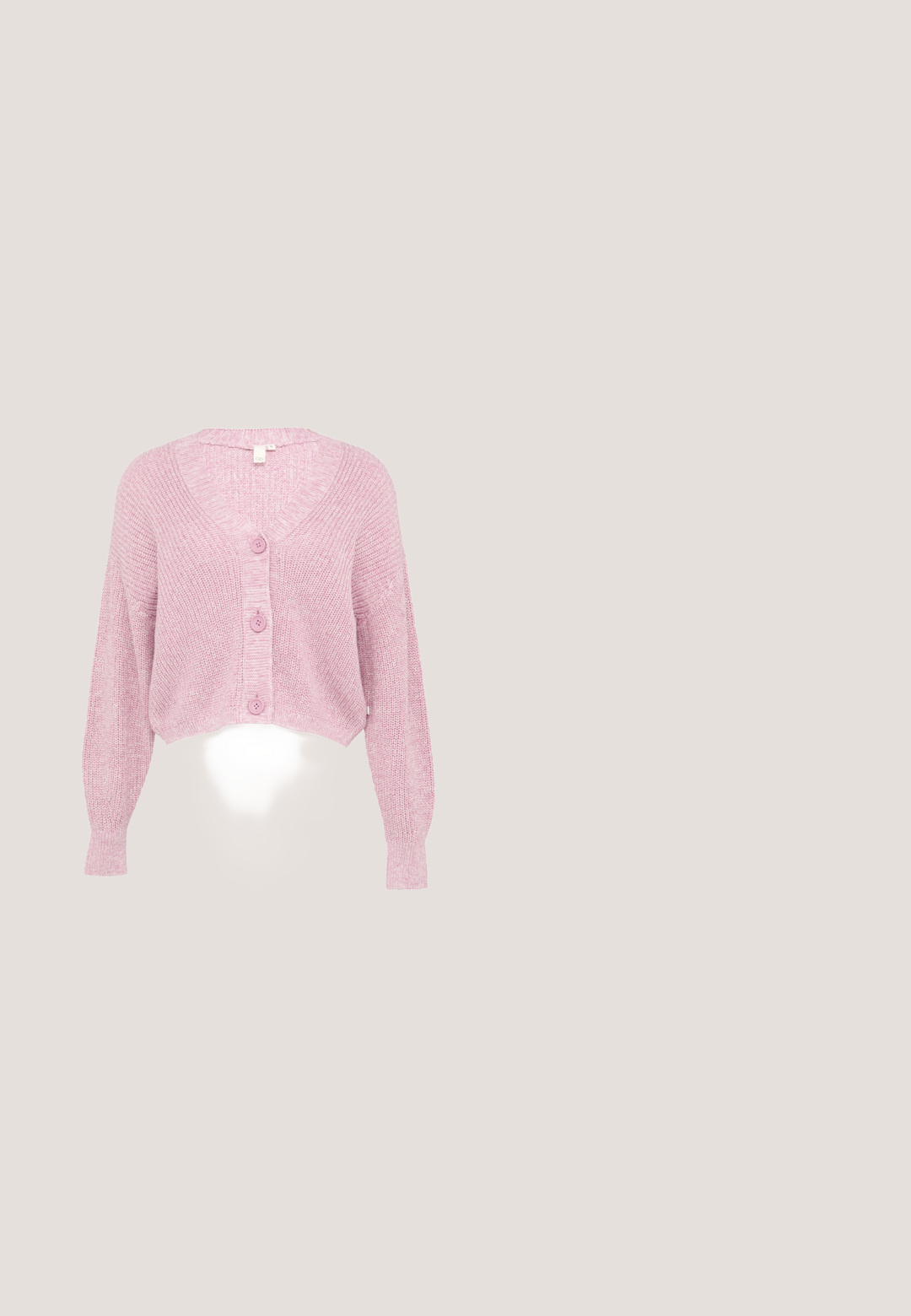 Cardigan court rose avec un col en V, des manches longues et un motif tricoté texturé, comportant quatre boutons à l'avant et des poignets côtelés.; T-shirt à manches courtes avec col rond, rayures horizontales rose clair et crème, et une petite broderie de coquillage rose sur la poitrine gauche.; Pantalon rose avec une taille élastique arborant un motif floral audacieux dans des nuances de rose et de beige.; Baskets basses roses avec des accents blancs, des lacets rose clair, une languette métallique dorée au talon et une semelle en caoutchouc marron, vues de côté.; Sac à main en cuir rose pâle avec des poignées arrondies et un bord supérieur légèrement froncé, présenté sur un fond blanc.; Collier en chaîne dorée avec un pendentif rond en forme de donut rose et un petit charme circulaire près du fermoir sur fond blanc.