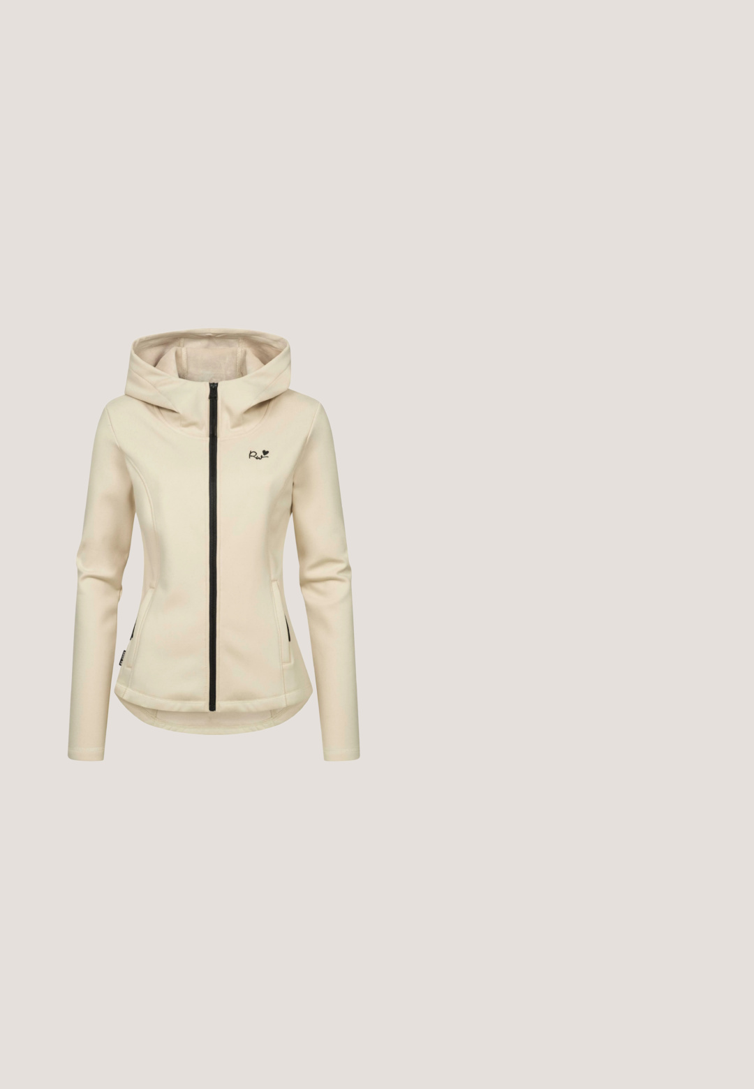 Helles beige Kapuzenjacke aus weichem Material, mit einem Vorderreißverschluss, zwei seitlichen Taschen und einem kleinen Logo oben links.; Hellgelbes, ärmelloses Sporttop aus glattem Stoff. Es hat einen runden Halsausschnitt und ein kleines weißes Logo auf der Vorderseite.; Braune, dehnbare Leggings mit hohem Bund, seitlichen Taschen und glatter Textur. Nahtdetails betonen die Form.; Hellrosa sportlicher Sneaker mit weißer, segmentierter Sohle, Mesh-Obermaterial und Schnürsenkeln, auf einem beigen Hintergrund mit Teppich und Sofa.; Runde Sonnenbrillen mit goldfarbenen Metallrahmen und dunkelgrünen Gläsern. Die Bügel haben ein Schildpatt-Muster für zusätzliche Details.; Halskette in Silberoptik mit klaren Strasssteinen und einem dekorativen Perlenmittelstück, gesichert mit einem verstellbaren Verschluss.