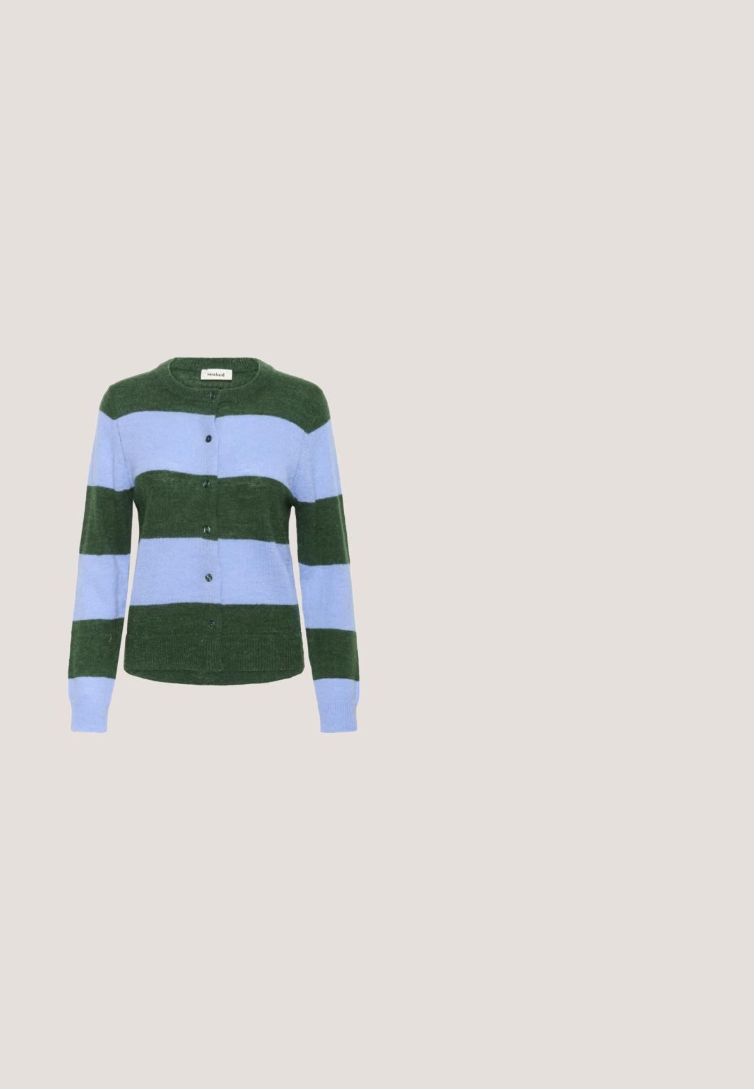 Grøn og lyseblå stribet cardigan med rund hals og knaplukning. Strikket tekstur med en afslappet pasform og lange ærmer.; Ærmeløs gul ribbet tanktop med brede stropper og subtilt præget logo centreret på brystet.; Grønne og marineblå ternede bukser med lige ben-design og elastisk talje. Stoffet har en blød tekstur og prydes af et klassisk ternet mønster.; Grønne ruskindsneakers med lysegrå detaljer, hvide snørebånd og orange bagdetalje. Har en sål af gummi og syede mønstre.; Lille olivengrøn ruskindshåndtaske med topgreb, justerbar skulderrem og lynlås på hvid baggrund.; Par af lysegule øreringe formet som blomster med lagdelte, strukturerede kronblade på en lys baggrund.