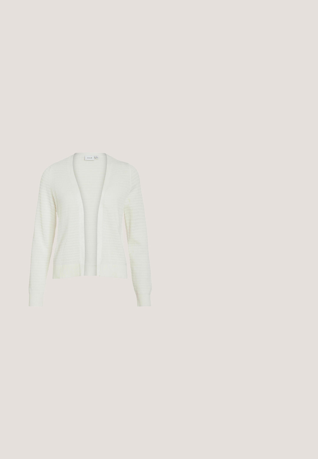 Cárdigan blanco con patrón texturizado, abertura frontal y puños y dobladillo acanalados. Tela ligera adecuada para usar en capas.; Vero Moda VMGLORY SL RIB TOP GA NOOS - Top - cloud dancer; Pantalones de pierna ancha en gris claro, confeccionados en una suave tela texturizada. Cuentan con una cinturilla elástica con cordón ajustable para un ajuste personalizable.; Zapatilla beige con tejido texturizado y detalles lisos. Cuenta con un diseño de cordones, detalle de logo y una suela ligera de goma con agarre estampado.; Bolso de hombro de cuero beige con forma curva, detalles anudados y un logo de marca. Cuenta con una correa ajustable y una textura suave.; Pulsera de charms en tono dorado con perlas blancas irregulares, pequeños acentos dorados y cierre de broche. Incluye múltiples charms colgantes.