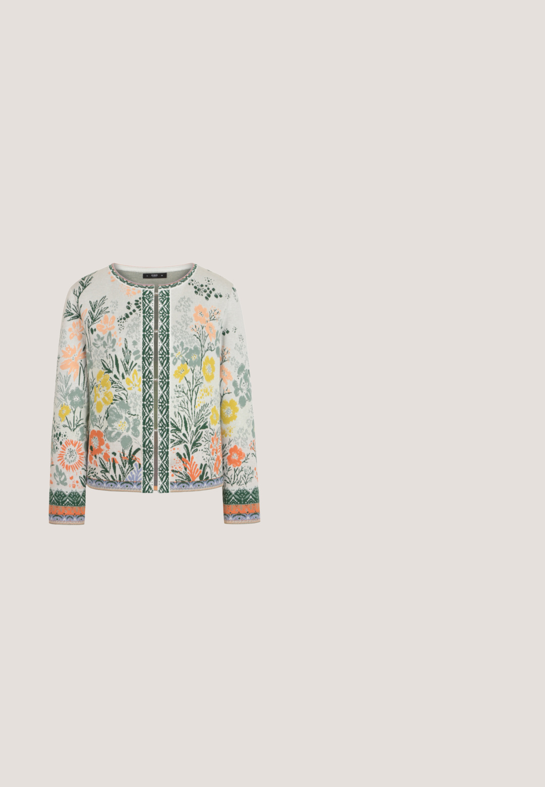 Blomstermønstret cardigan i lysegrå med orange, gul og grønne accenter. Har rund hals og et tekstureret vævet design.; Strikket ærmeløs kjole i olivengrøn med ribbet tekstur, der har en rund halsudskæring og sideslidser for bedre bevægelsesfrihed.; Elegante flade sko i sort patenteret læder med spids tå, dobbelte remme med firkantede spænder og en lav hæl. Glat overfladetextur.; Firkantede solbriller uden ramme med blå gradientlinser og guldfarvede metalarme med skildpaddemønstrede ender.; Sort læderhåndtaske med en buet form, prydet med sølvfarvede nitter, med lynlåslukning og et enkelt justerbart strop.; Gyldne halvcirkelformede øreringe med gule dråbeformede sten, små klare krystaller og hvide perler i midten på en hvid baggrund.