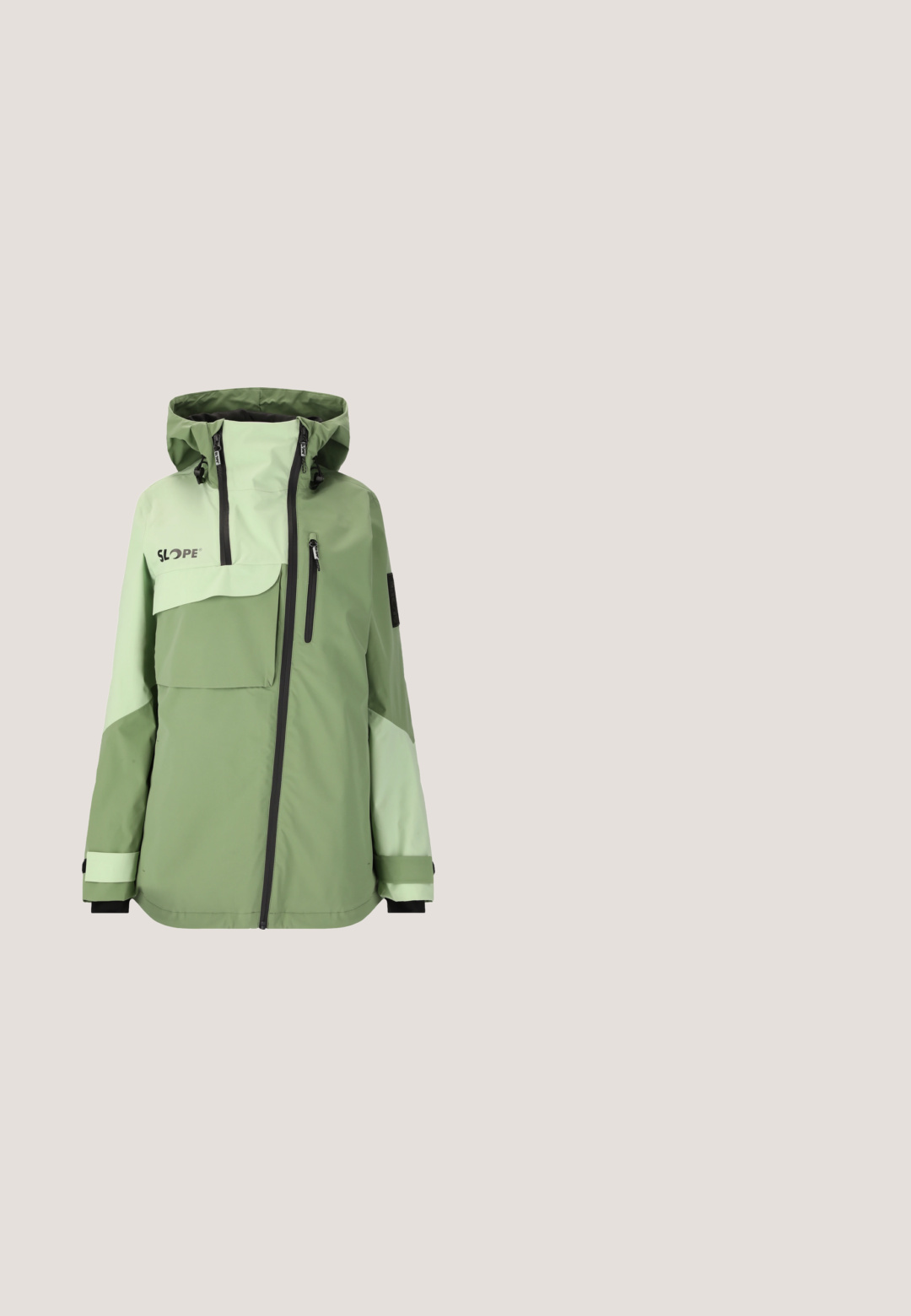 Grüne wasserdichte Jacke mit einem zweifarbigen Design, ausgestattet mit einer Fronttasche, hohem Kragen, verstellbaren Manschetten und kontrastierenden schwarzen Reißverschlüssen.; Schwarzer Langarmpullover mit halbem Reißverschlusskragen. Mit "ONEILL"-Logo auf der Vorderseite und "POLARTEC"-Markierung am Ärmel, aus weichem Stoff gefertigt.; Schwarze Skihosen mit geradem Schnitt, ausgestattet mit zwei vorderen Taschen, Reißverschlüssen und strukturierten Details an den Unterschenkeln zum Schutz.; Schwarzer wasserdichter Stiefel mit einem Kunstfellkragen, Schnürverschluss, Gummisohle und kontrastierendem beigem Streifen entlang der Sohle. Dekorative Hardware-Details.; Graue Sonnenbrille mit verspiegelten rosa Gläsern, die ein schlankes, winkeliges Design aufweist und den Markennamen "Roxy" an der Seite trägt.; Bogner FINGER TINA - Fingerhandschuh - black