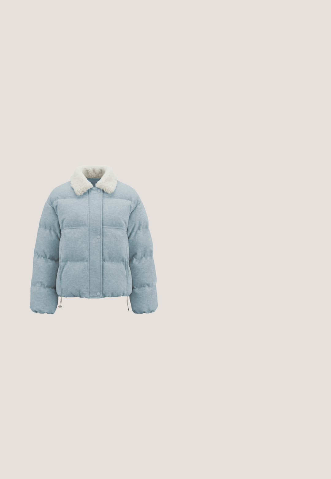 Lyseblå polstret jakke med trykknapper, snøre i nederkanten og hvid fluffy krave, vist mod en hvid baggrund.; Grå, kort sweater med høj hals, der har et lyseblåt diamantmønster og sølvfarvede nitter arrangeret diagonalt over fronten.; Lyseblå ribbet kortærmet top med rund udskæring og fem knaps lukning foran. Blødt, strækbart stof med en tætsiddende pasform.; Bredde ben, høj talje jeans i et falmet grå denim. Har forlommer, bæltesløjfer og en subtil slidtage.; Grå og mørkegrå ruskindssneaker med hvide snørebånd, hvid hæl, hvid sideliste og brun gummisål, set fra siden.; Sort skuldertaske med glitrende sorte ører, store tegneserieøjne, farverige patches og forskellige legende grafiske designs og tekst.