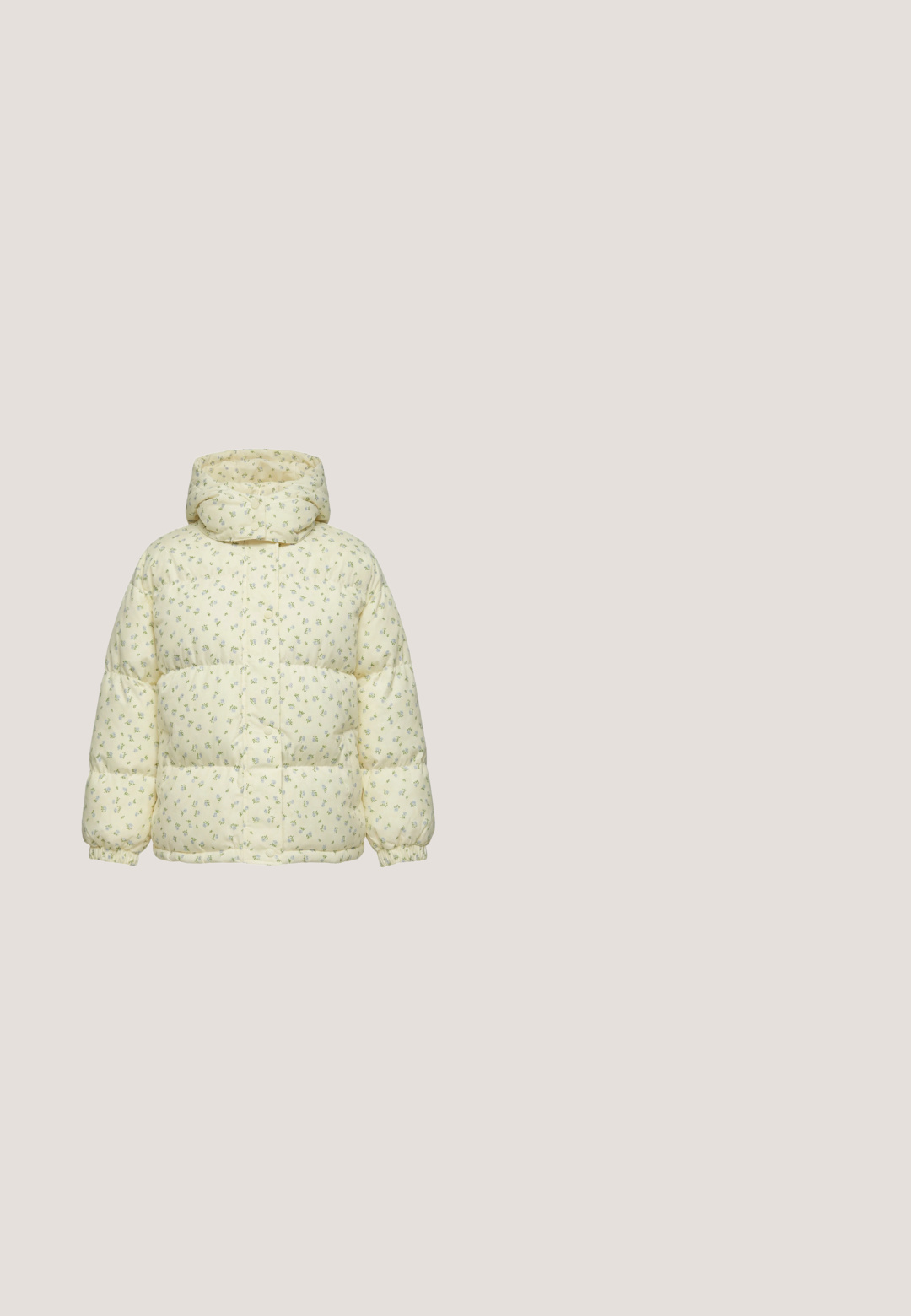 Lichtgele pufferjas met capuchon, elastische manchetten en kleine groene bloemenprint over de stof, getoond op een effen witte achtergrond.; Mintgroene hoodie gemaakt van zachte stof, met een ontspannen pasvorm, trekkoordcapuchon en subtiele geborduurde branding op de borst.; Muntgroen katoenen T-shirt met een ronde hals. Voorzien van witte tekst: "JUICY COUTURE" en "Sunday Running Club." Korte mouwen.; Groene fluweel flarebroek met een elastische tailleband, voorzien van een voorste koord en subtiele logo-borduring op het bovenbeen.; Lage sneaker in pastelgroen, roze en crème met mesh- en suèdepanelen, roze veters, een gevoerde kraag en een dikke witte zool.; Mintgroene heuptas met een gladde textuur, rechthoekige vorm, logopatch en verstelbare schouderband. Heeft een ritscompartiment.