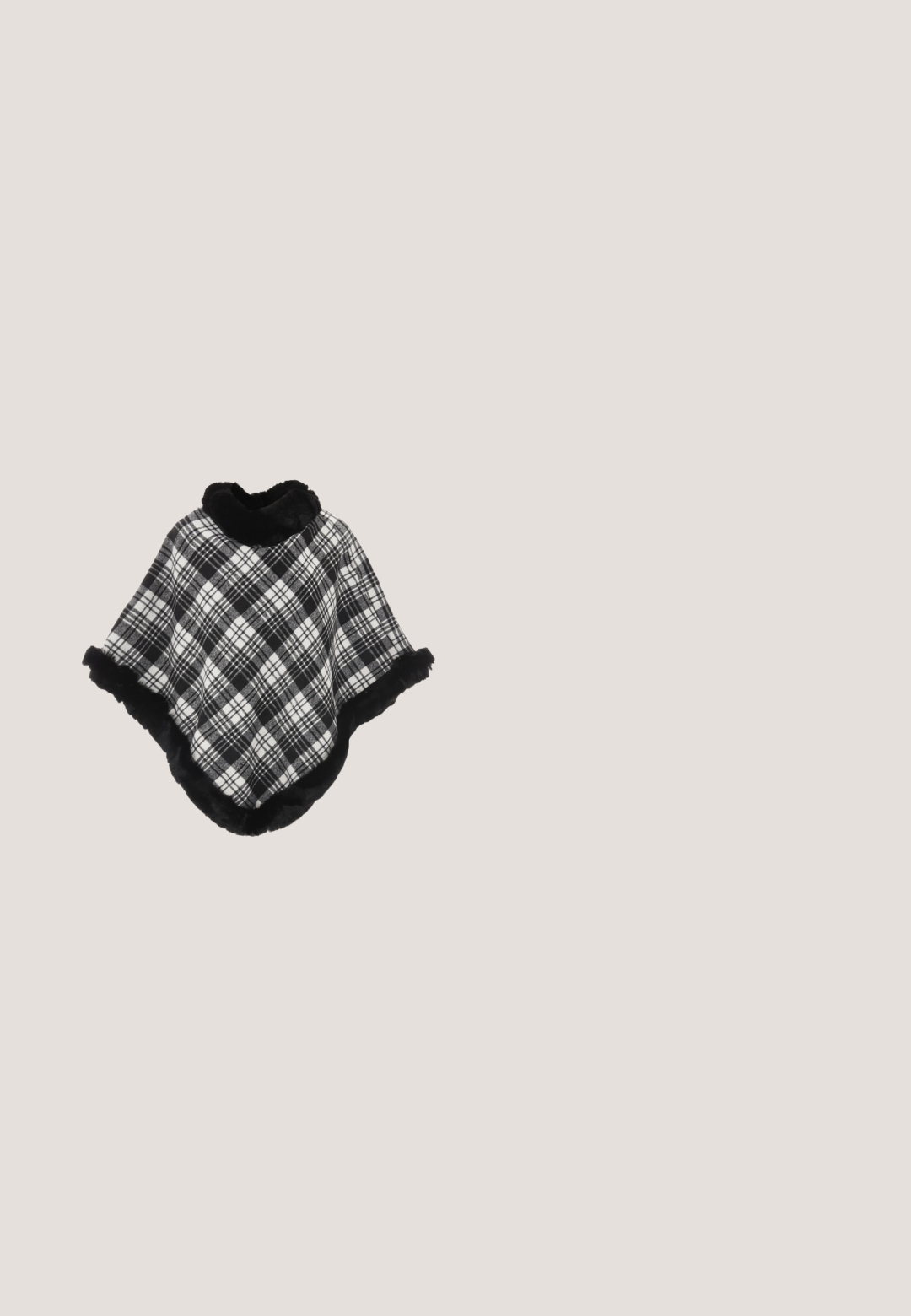 Poncho à carreaux noir et blanc avec bordure en fausse fourrure noire autour du col et de l'ourlet, présenté sur un fond blanc.; Polo à manches longues gris avec col beige, présentant des rayures horizontales coordonnées en bordeaux et blanc, boutonnière à trois boutons et poignets côtelés.; Pantalons larges noirs à taille volante, dotés de deux poches latérales et d'un tissu lisse et léger. Pas de motifs ni de matériel visible.; Botte Chelsea en cuir noir avec des panneaux élastiques sur les côtés, bout arrondi, semelle texturée et une languette au talon. Détails de marque minimalistes.; Lunettes de soleil œil de chat noires avec verres foncés ; accents en métal argenté sur les branches ornés d'éléments décoratifs. Montures en plastique lisse.; Sac à main rectangulaire noir avec une courte poignée et une bandoulière amovible, présenté sur un fond clair uni.