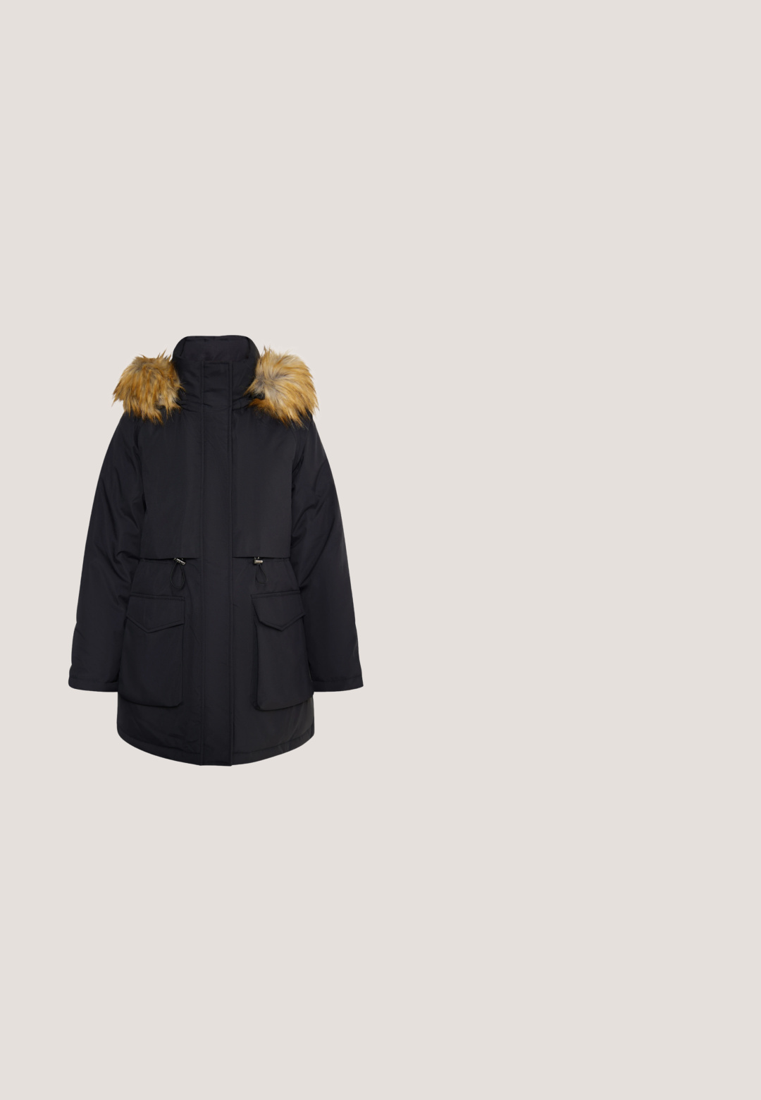 Schwarze Parka mit einer mit Fell gefütterten Kapuze. Verfügt über zwei Vordertaschen, einen hohen Kragen, verstellbare Kordelzüge und ein gerades Design.; Schwarzer Strickpullover mit hohem Kragen und Reißverschlussdetail am Hals. Verfügt über ein strukturiertes Muster und einen Logoakzent am Saum.; Weißes langärmliges T-Shirt aus weichem Material, mit rundem Ausschnitt und schmaler Passform. Glatte Textur ohne Muster oder Verzierungen.; Graue Hosen mit weitem Bein aus weichem, strukturiertem Stoff. Verfügen über einen elastischen Bund mit dem Schriftzug "GODDESS". Saubere, fließende Silhouette.; Schwarze Knöchelstiefel mit einem gerippten Strickkragen und einer flachen, strukturierten Sohle. Hergestellt aus einer Kombination aus Wildleder und elastischen Materialien.; Schwarze Handtasche aus Kunstleder mit doppelten Griffen, einem abnehmbaren Riemen, schrägen Reißverschlüssen und silbernen Beschlägen. Texturierte Oberfläche mit Nähdetails.