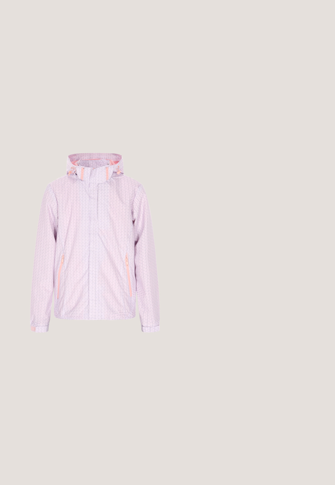 Hellrosa Jacke mit einem sich wiederholenden Muster, zwei mit Reißverschluss versehenen Seitentaschen, verstellbarer Kapuze mit rosa Akzenten und elastischen Bündchen.; Hellrosa Sweatshirt aus weicher Baumwolle mit Rundhalsausschnitt, langen Ärmeln, gerippten Bündchen und leicht lockerer Passform.; Rosa Baumwoll-T-Shirt mit kurzen Ärmeln, rundem Ausschnitt und kleinem Logo auf der linken Brust. Schlichtes Design mit glatter Textur.; Hellrosa zulaufende Jogginghose mit elastischem Bund, weißem Kordelzug und elastischen Bündchen an den Knöcheln.; Hellrosa Wildlederschuh mit runder Spitze, Schnürdesign und cremefarbenem Akzentetikett. Verfügt über eine beige Gummisohle für zusätzlichen Halt.; Silbernes Kettenarmband mit runden und zylindrischen Perlen, versehen mit drei gleichmäßig verteilten rosa Lederakzenten. Verschluss mit Karabinerverschluss.