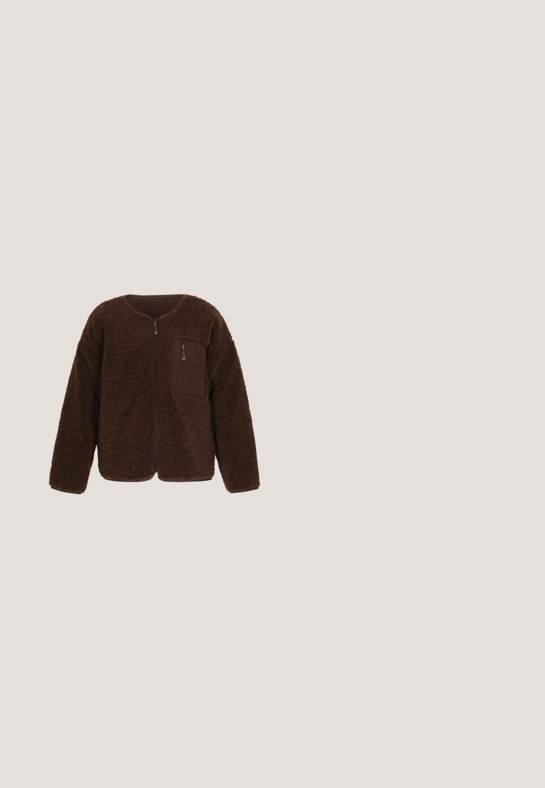 Brun fuzzy jakke lavet af plysjstof. Har en fuld frontlynlås og en lappedrompe lomme på venstre side. Rund halsudskæring og lange ærmer.; Kraftig cropped zip-up sweatshirt i rustfarve med ribbebestruktur. Har høj krave og hvid ribkant. Lille mærkeembleme på brystet.; Brun bomulds t-shirt med korte optrillede ærmer, rund halsudskæring og en løs pasform. Har et lille mærke på side sømmen.; Brune velour loungebukser med snor i taljen og ribbede manchetter, med en lille dekorativ sløjfe nær den højre lomme.; Brun ruskind lavtop-sneaker med hvid hælflap og cremefarvet tyk sål, sidevisning på hvid baggrund.; BALAGAN HUG - Håndtasker - browncroco