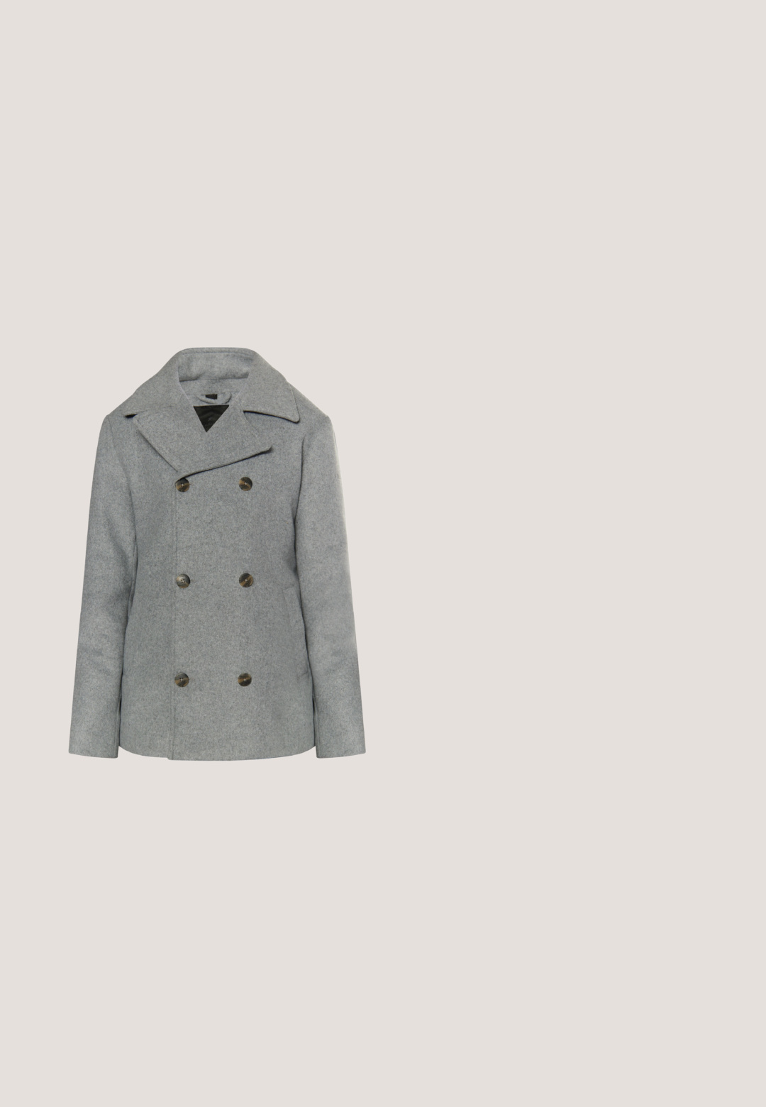 Grå uldblanding peacoat med dobbeltknaplukning, slået krave, overdrevne knapper og sidelommer. Blød tekstur, skræddersyet pasform.; Solid grå sweater lavet af blødt strikstof. Har en rund halsudskæring, lange ærmer og ribkantede manchetter og kant. Subtil tekstur.; Kortærmet skjorte i gråternet mønster, med knap-ned krave, forlommer og let stofstruktur med cremefarvede detaljer.; Mørkegrå skræddersyede bukser lavet af vævet stof, med flad front, lynlås og opsmøgede ærmer. Glat tekstur med subtile mønstre.; Sort læder ankelstøvle med snøre, rundet tå, syningsdetaljer og lav stakket hæl på hvid baggrund.; Sort læder toilettaske med rektangulær form, tekstureret overflade, lynlås i toppen og et sidehåndtag for nem transport.
