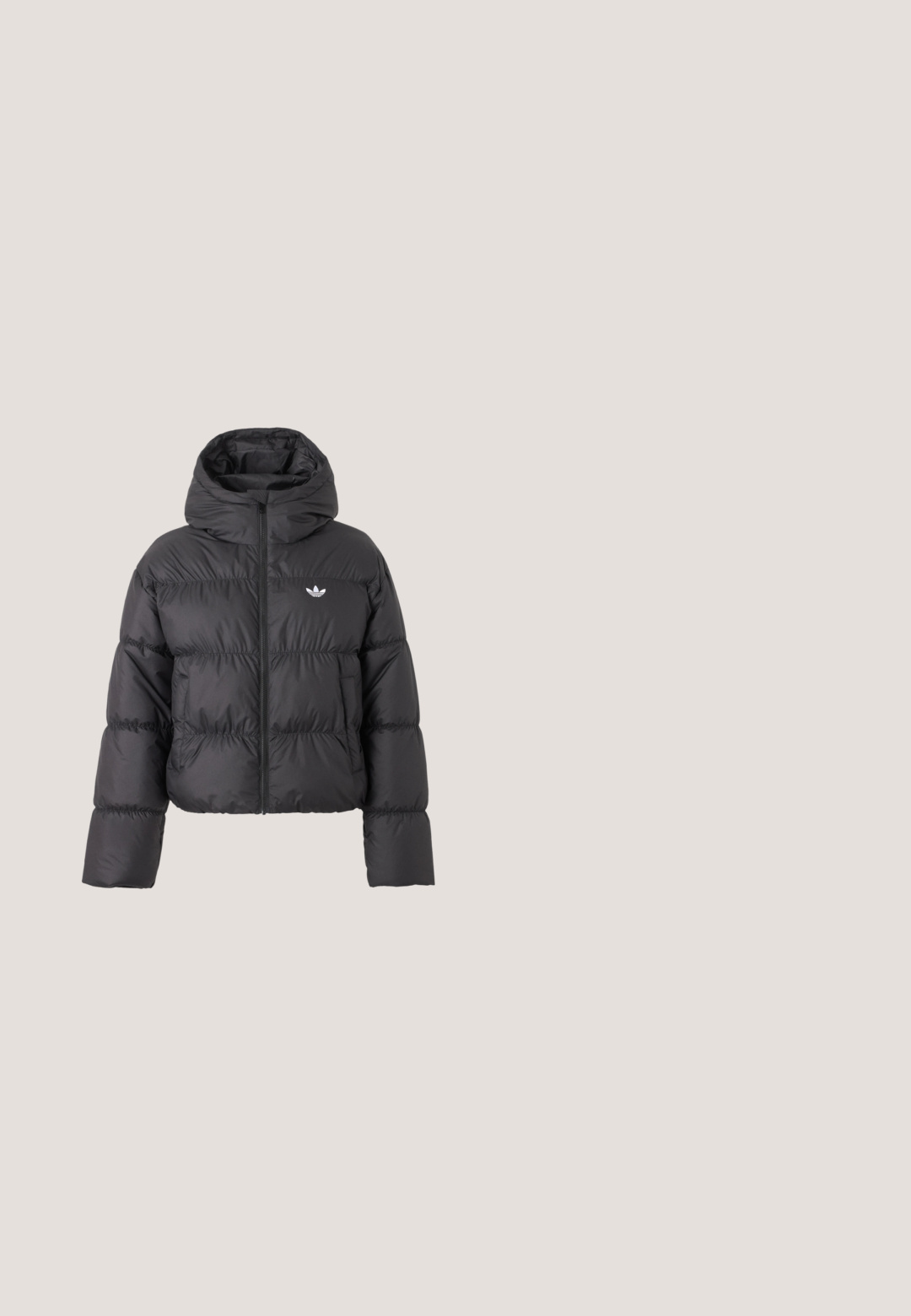 Zwarte cropped gewatteerde jas met hoge kraag, ritssluiting aan de voorkant, twee zijzakken en wit Adidas trefoil-logo op de borst.; Olijfgroene hoodie met voorzak, trekkoorden, geribde manchetten en een klein wit logo op de linkerborst.; Olivgroene T-shirt met korte mouwen, ronde hals en klein wit Adidas trefoil-logo op de linkerborst.; Zwarte joggerbroek met elastische tailleband en boorden, zijzakken en wit "PEGADOR"-logo op het bovenste rechterbeen.; Zwarte sneakers met een laag profiel, een subtiel bloemenpatroon, zwarte veters, een groene hielband en een gouden logo op de tong en hiel.; Zwarte Adidas-tas in halve maanvorm met dubbele handvatten en een verstelbare schouderriem, met het witte Adidas trefoil-logo middenvoor.