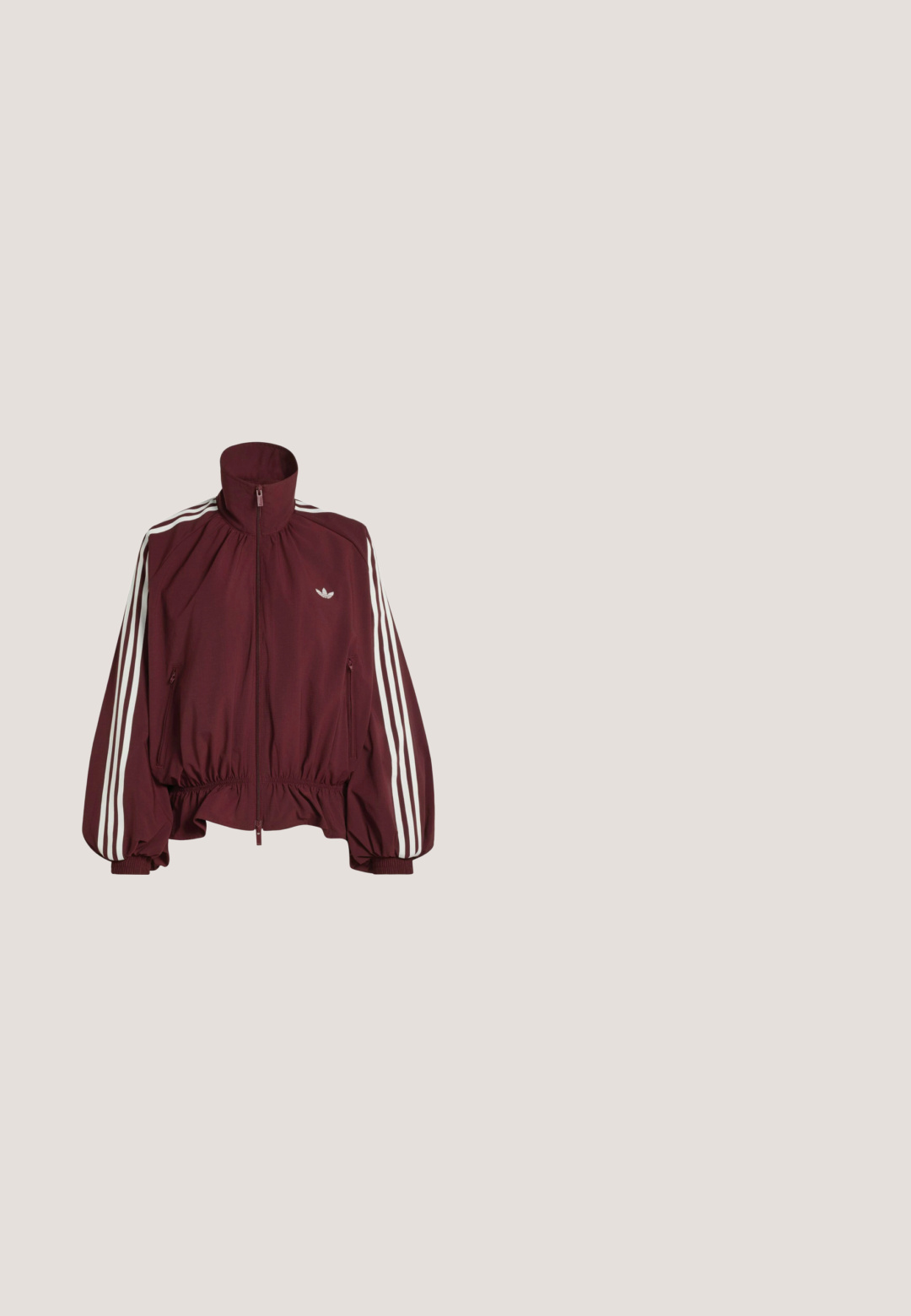 Dark red Adidas track jacket with white three stripes on sleeves, full front zipper, high collar, elastic waistband, and brand logo on chest.; Maroon short-sleeve T-shirt with red trim, three red stripes on shoulders, and small red trefoil logo on chest.; Black wide-leg jeans with high waist, button and zip closure, front pockets, and two gray stripes running down outer side seams.; Black low-profile sneaker with subtle floral pattern, black laces, green heel tab, and gold logo on tongue and heel.; Maroon crescent-shaped shoulder bag with dual handles and gold zipper, featuring a small gold Adidas logo on the front center.; Set of three red acrylic rings in various designs: one smooth, one twisted, and one slightly transparent, showcasing rich color and shine.
