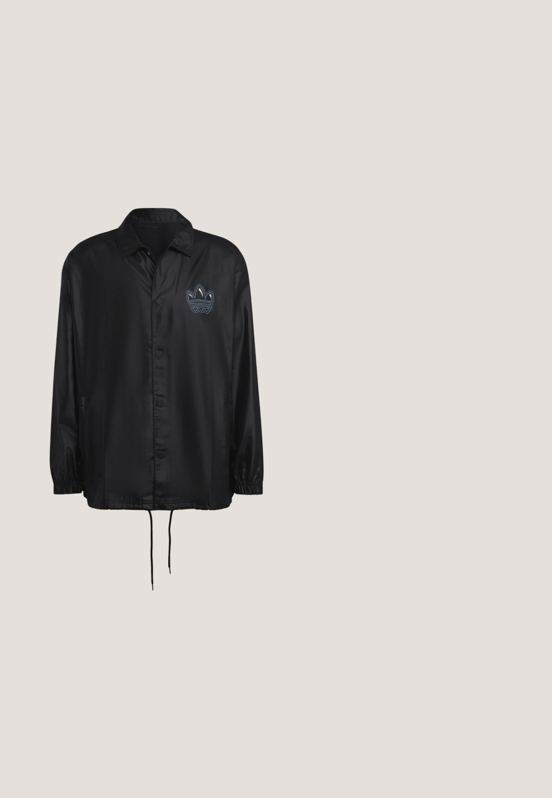 Schwarze, leichte Jacke mit Knopfleiste, verstellbarem Saum und elastischen Bündchen. Mit blauem besticktem Logo auf der Brust.; Schwarzer Sweatshirt mit weißem Dreistreifen-Design an den Ärmeln, Rundhalsausschnitt, gerippten Bündchen und kleinem weißen Adidas-Logo auf der Brust.; Schwarzes Adidas T-Shirt mit kurzen Ärmeln und Rundhalsausschnitt, dezentem Markenlogo auf der Brust und abgenähten Paneeldetails an Schultern und Seiten.; Schwarze Adidas Trainingshose mit elastischem Bund und drei weißen Streifen entlang der Außenseite jedes Beins.; Schwarzer wasserdichter Gummistiefel mit abgerundetem Fuß, strukturiertem Zehenbereich und elastischem oberen Rand für einen sicheren Sitz. Verfügt über Rillen und eine glatte Oberfläche.; Schwarze, sichelförmige Schultertasche mit gepolstertem, verstellbarem Riemen und zwei vorderen Reißverschlusstaschen mit Zuglaschen.