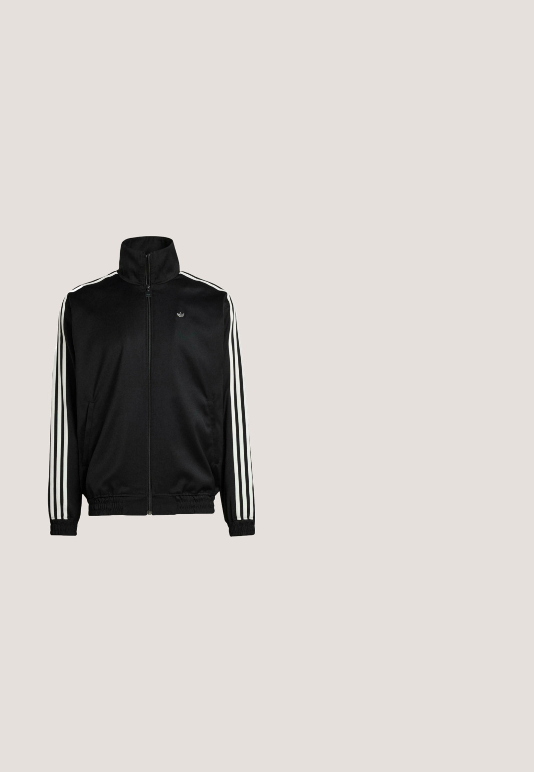 Black zip-up jacket in smooth fabric with high collar and elastic cuffs. Features white three stripes down the sleeves and a small logo.; Black short-sleeve jersey made of smooth fabric featuring a white V-neck collar, three white stripes on each shoulder, and a large white logo.; Black athletic sweatpants made of smooth fabric. Features an elastic waistband, side pockets, and white stripes along the legs.; Black Adidas low-top sneaker with lace-up front, three side stripes, padded collar, and textured sole.; Slim rectangular dark sunglasses with rimless gray lenses and thin silver arms on a white background.; Black crossbody bag with adjustable strap, front flap pocket, zippered pocket, and white "County of Milan" logo on pocket front.