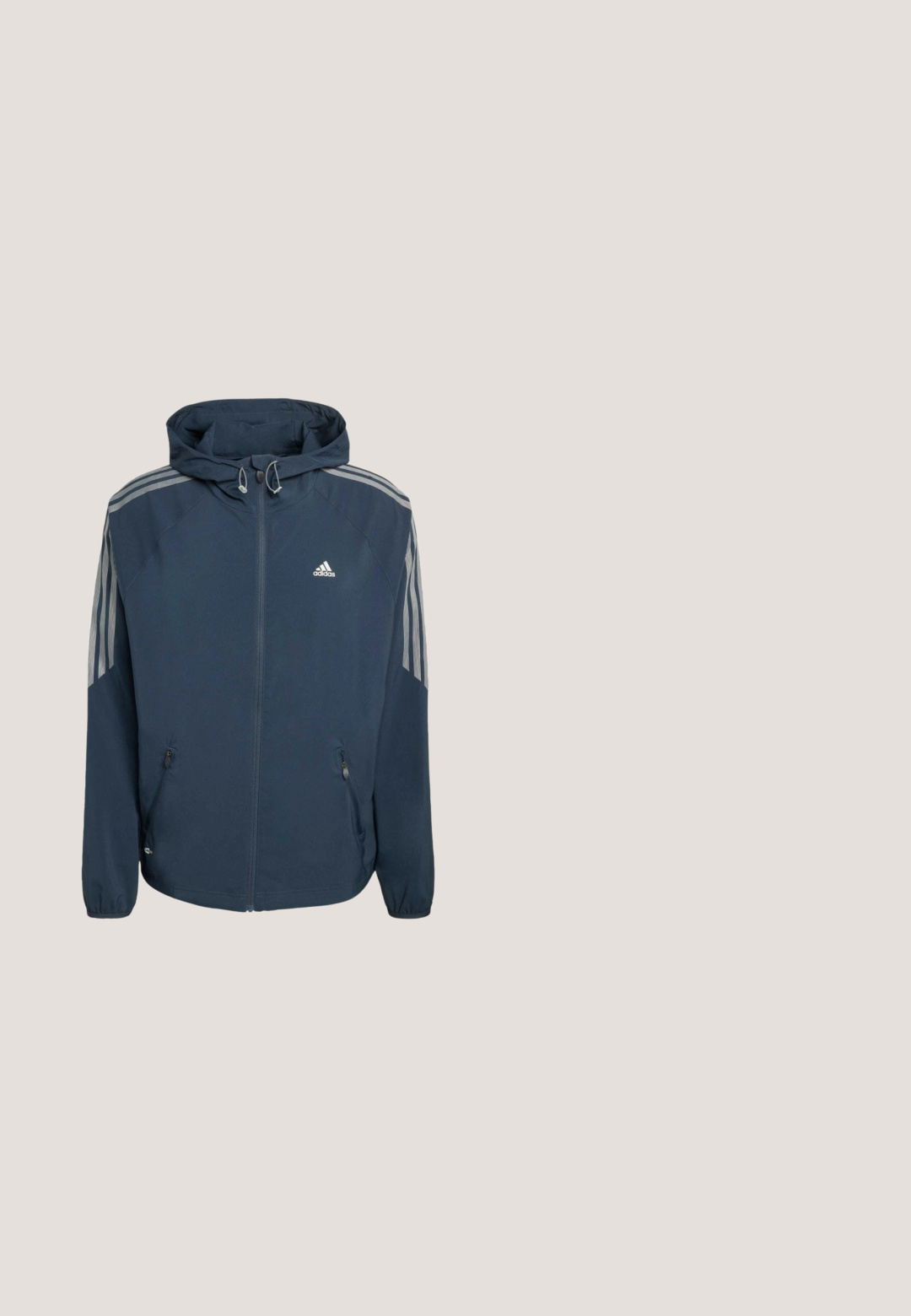 Veste à capuche Adidas bleu marine avec fermeture éclair frontale, poignets élastiques, poches latérales zippées et trois bandes grises sur chaque manche.; Hoodie gris à fermeture éclair avec capuche à cordon, poches avant, poignets côtelés et texture de tissu douce. Design simple sans motifs ni accents.; T-shirt en coton bleu clair avec des manches courtes et un col rond. Présente un petit logo Adidas noir sur la poitrine. Texture douce.; Pantalons de sport noirs en tissu texturé, dotés d'une taille réglable, d'une poche latérale zippée et de chevrons resserrés.; Baskets basses blanches avec fermeture à lacets, tige en maille texturée et logo "Jack & Jones" sur le côté, vues de profil.; Sac à dos noir en tissu durable avec des accents en cuir lisse. Dispose d'un logo sur le devant, d'une poignée supérieure et de poches latérales pour le rangement.