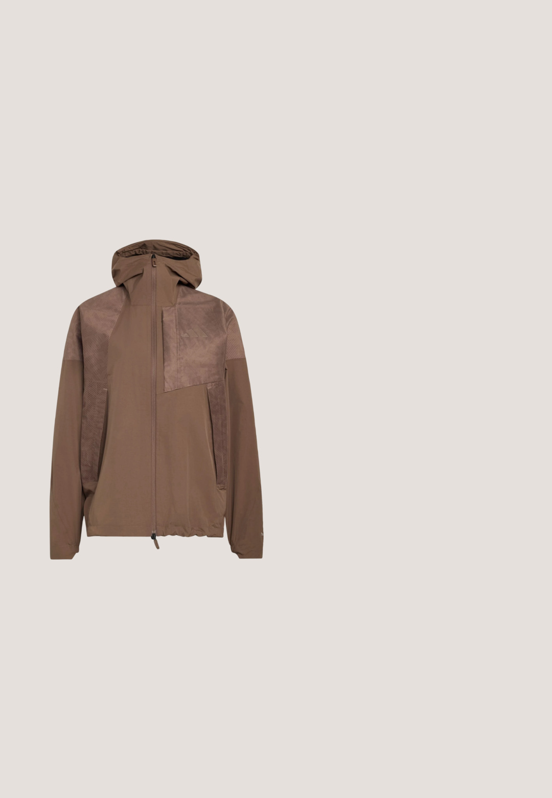Bruine gewatteerde jas met een getextureerd paneel aan de bovenkant voor, een ritssluiting over de hele lengte, elastische zoom en zijzakken. Glad stof overal.; Zwarte fleece pullover met een ritskraag, voorzien van een borstzak en contrasterende witte en grijze accenten. Zachte textuur, cropped ontwerp.; Langarm, strak zittend sportshirt in limoengroen met ronde hals en subtiel gestructureerde stof, ontworpen voor vrouwen.; Beige gestructureerde stof met een fijn, ribbelpatroon. Het materiaal lijkt glad met een subtiele glans en valt zacht in plooien.; Bruine sneaker met witte veters, voorzien van een gestructureerde bovenkant en een robuuste rubberen zool, tentoongesteld op een witte achtergrond.; Groene waterdichte rugzak met een roll-top ontwerp, voorzien van een voorzak met rits, bruin leren accenten en stevige stoffen banden.