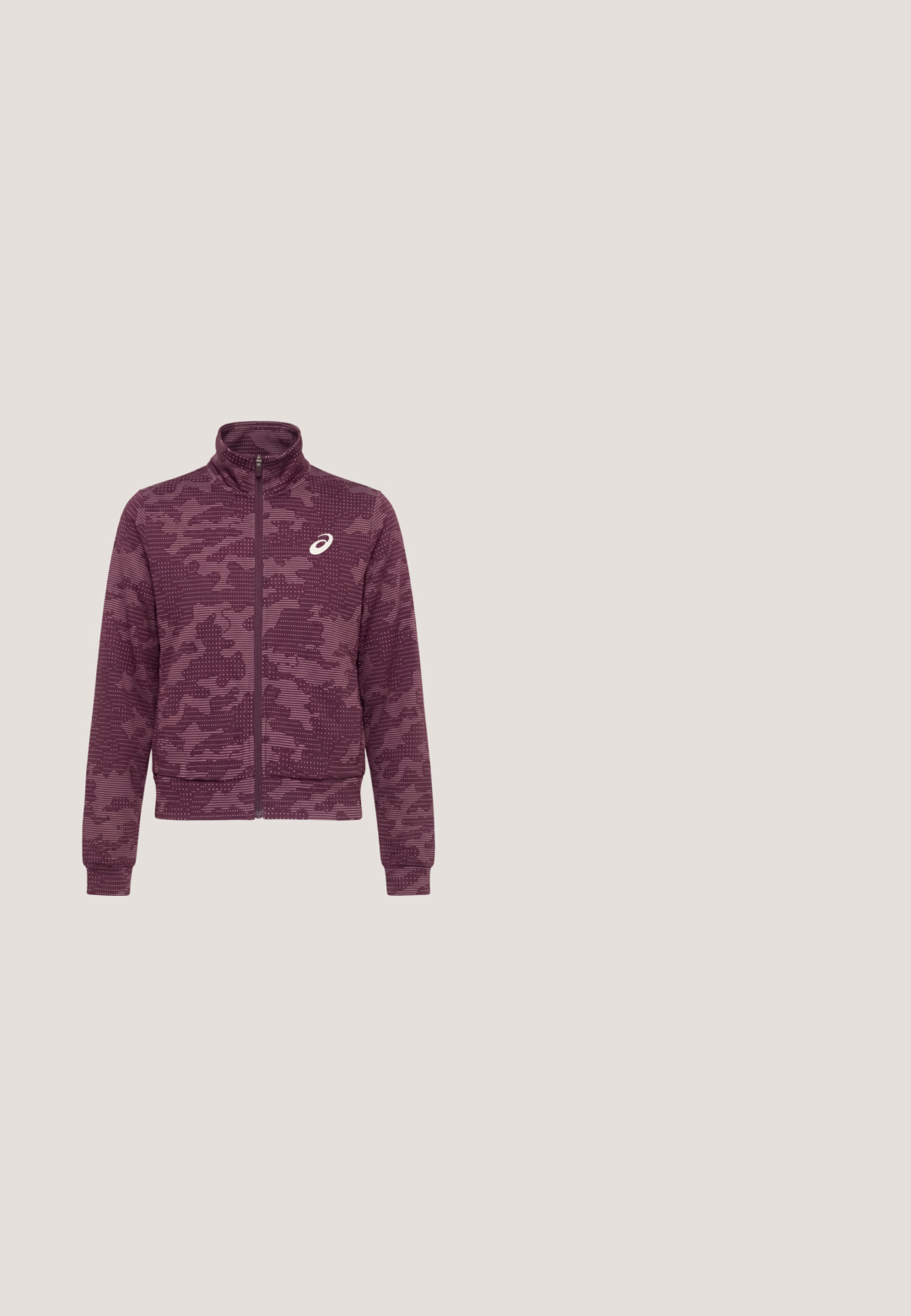 Bordeaux rode jas met ritssluiting over de hele lengte, hoge kraag, abstract stippen- en strepenpatroon, met wit ASICS-logo op de linkerborst.; Paarse sweatshirt gemaakt van een zachte katoenmix, met een ronde halslijn, geribbelde manchetten en een subtiele logo op de borst.; ASICS COURT TANK - Top - bright rose; Paarse sportbroek gemaakt van zacht stof, met een elastische tailleband met trekkoord, zijzakken en een slank fit ontwerp.; Witte en roze atletische hardloopschoen met mesh bovenwerk, vetersluiting en donkerblauwe zool op een neutrale achtergrond.; Roze halvemaanvormige crossbodytas met verstelbare riem, dubbele ritssluitingen en subtiel geperst merklogo aan de rechtervoorzijde.