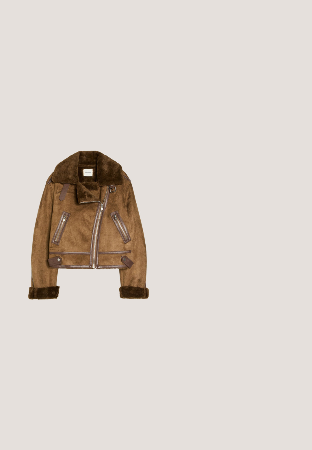 Brown faux suede jacket with shearling collar and cuffs, asymmetrical front zipper, two zippered pockets, and buckle details on white background.; Brown short-sleeve t-shirt with round neck and small yellow text reading "Sunny Grillhouse 241 Sunset Ave L.A. CA 90009" on the left chest.; Black high-waist denim jeans with a flared leg, five-pocket design, and copper rivet accents.; Chunky dark brown platform heel shoe with multiple buckle straps and an ankle strap with round metal buckle.; Brown tortoiseshell rectangular glasses with clear lenses and sleek arms, showing a smooth texture and minimalist design.; Small dark brown textured leather handbag with braided handle, gold studs, rings, and a braided strap detail on the front.