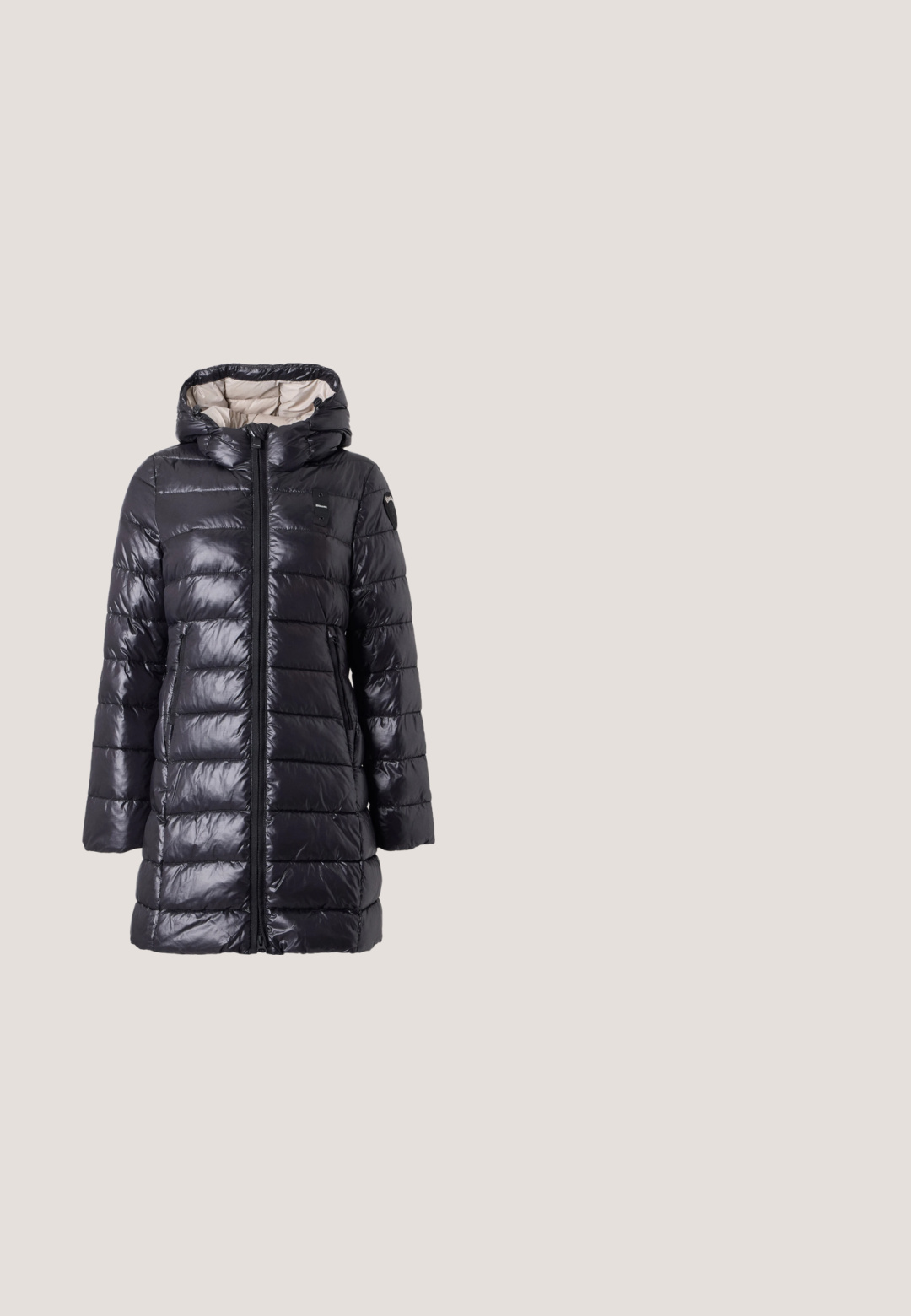 Veste longue noire brillante matelassée avec capuche et fermeture éclair frontale, conçue pour temps froid, présentée sur fond gris uni.; Pull noir à manches longues avec col rond et une fine bande multicolore autour du col, présenté sur un fond uni.; Jean en denim noir évasé avec une taille haute, cinq poches et une fermeture à bouton métallique. Texture lisse et détails de couture contrastés.; Bottine en cuir noir avec un bout pointu et un talon haut, équipée d'une fermeture éclair dorée sur le côté. Texture lisse.; Sac cabas noir à texture crocodile avec de longues poignées, debout sur un fond clair uni.; Deux boucles d'oreilles argentées courbées, l'une plus grande que l'autre, toutes deux ornées de petits cristaux scintillants le long d'un bord.