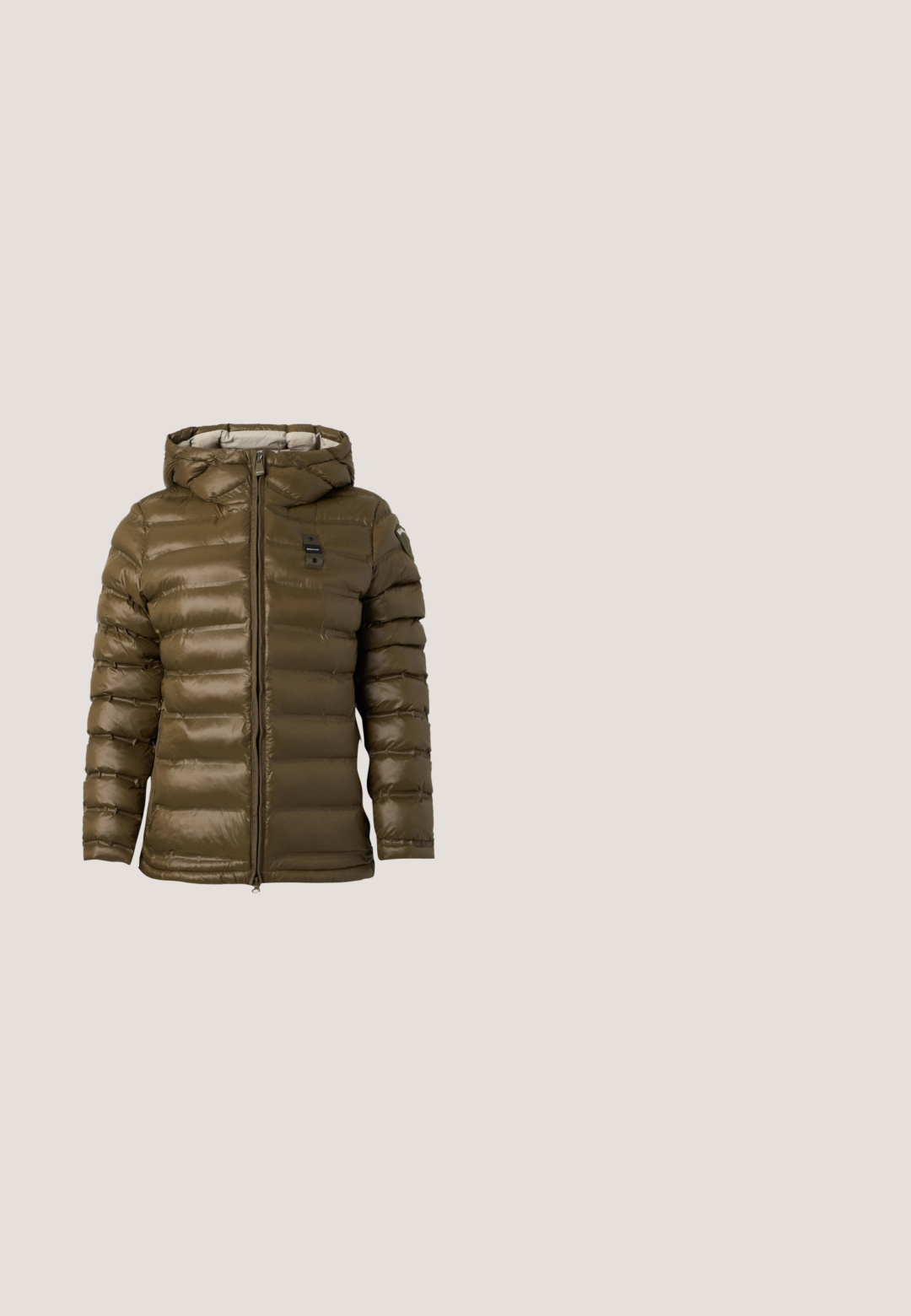 Veste matelassée marron à capuche avec fermeture éclair à l’avant et petits patchs logo sur la poitrine et le haut de la manche, sur fond blanc.; Blouse à carreaux noirs et crème avec un col chemise, fermeture par boutons et taille élastiquée avec cordon de serrage. Manches longues avec poignets.; Jean noir taille haute à jambes larges avec bouton et fermeture éclair à l'avant, passants pour ceinture et design à cinq poches sur un fond uni.; Mocassins en cuir noir avec un bout arrondi, des détails de couture surélevés et un talon bas empilé. Texture lisse avec un éclat subtil.; Sac fourre-tout noir avec anses larges à rayures crème et bandoulière détachable, fermeture à bouton pression argenté, forme rectangulaire structurée.; Boucles d'oreilles en argent avec des accents circulaires en ton or, ornées d'un motif ajouré, mettant en valeur une finition polie et un design moderne et épuré.