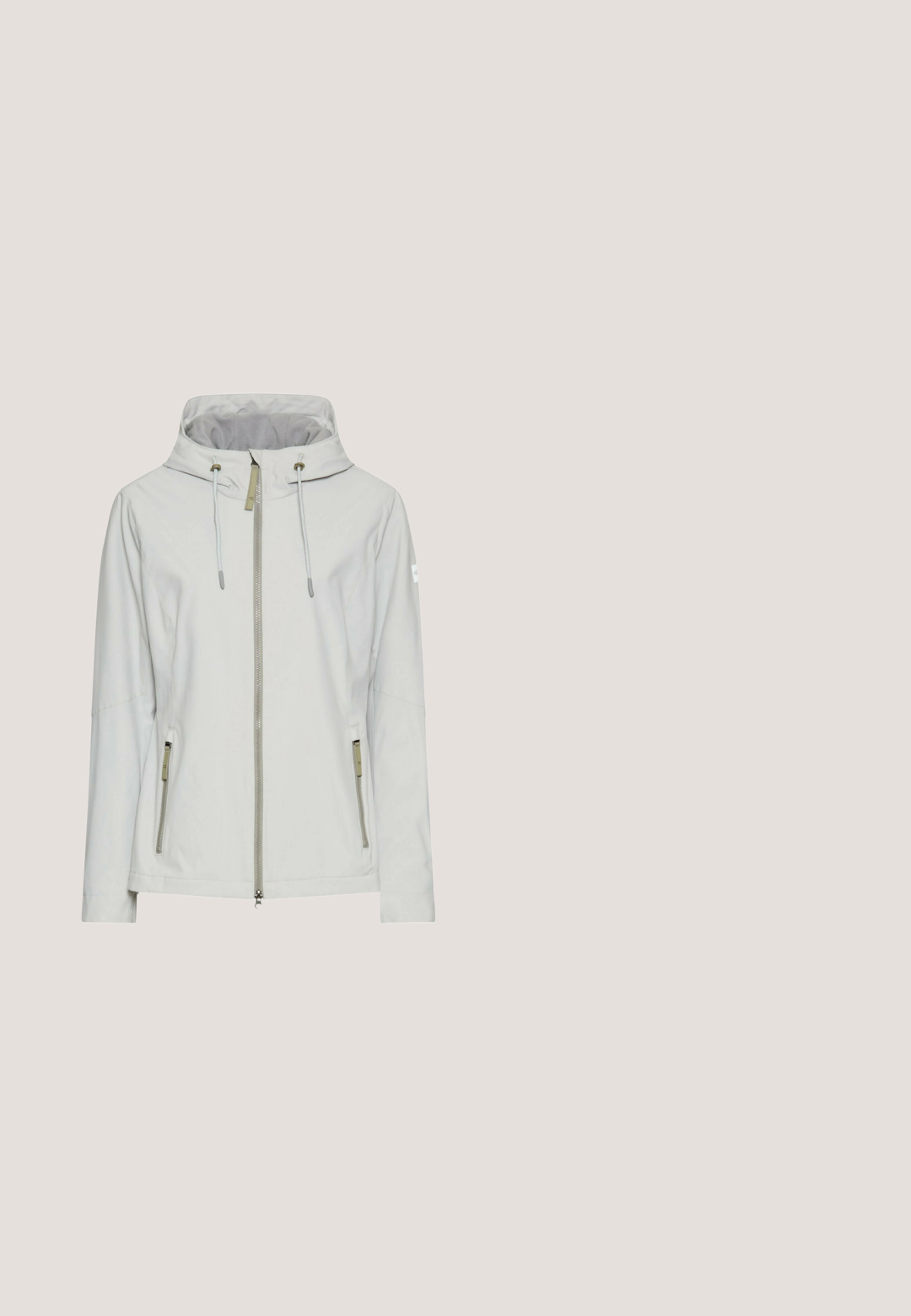 Lichtgrijze hoodie met rits aan de voorkant, verstelbare trekkoorden op de capuchon en twee met rits afgesloten zijzakken, gepresenteerd op een effen witte achtergrond.; Off-white trui met lange mouwen en ronde hals, eenvoudig design en een zachte, licht gestructureerde stof.; Lichtgrijs kortewerps T-shirt van katoen met ronde hals en een klein bruin label aan de onderzoom op een witte achtergrond.; Lichtgrijze denim wijde pijpen jeans met een hoge taille, twee voorzakken en een subtiele vervaagde textuur. Klassieke knoop- en ritssluiting.; Beige en zwarte waterdichte laarzen met een gestructureerde afwerking, vetersluiting en bontvoering. Voorzien van een stevige zool en versterkte neus.; Grijze zachte draagtas met twee korte handvatten, met een voorlogo-accent en een gladde, matte textuur. Gestructureerd ontwerp met een vlakke bodem.