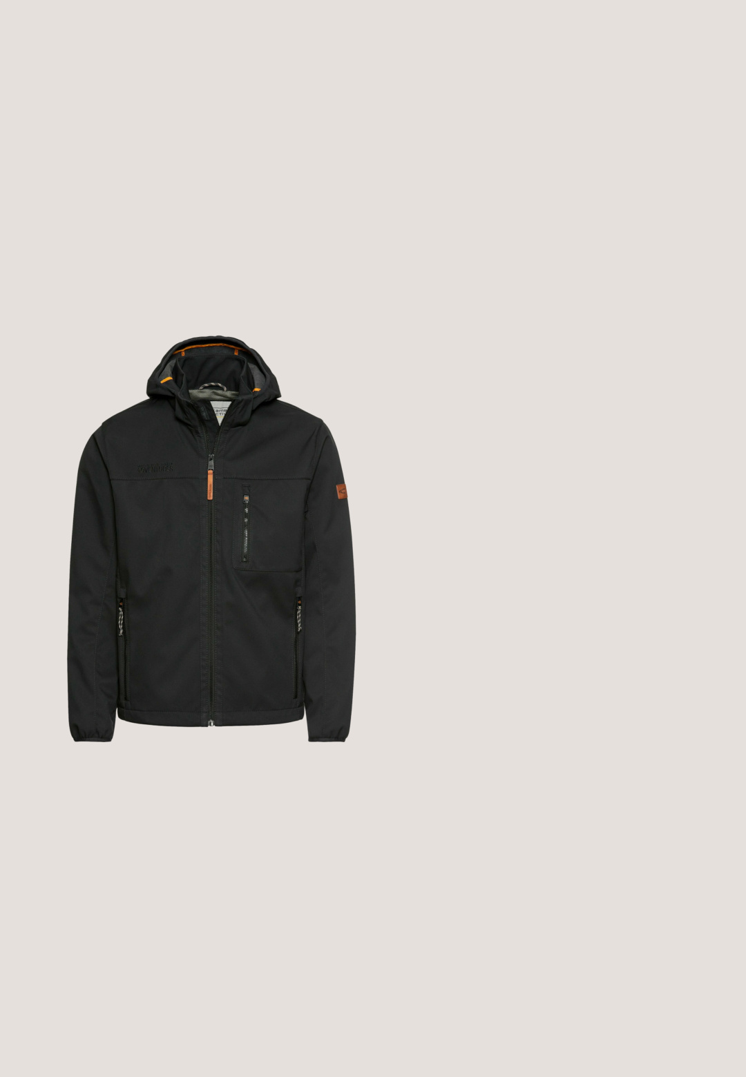 Schwarze Kapuzenjacke mit Frontreißverschluss, Reißverschluss-Brusttasche und seitlichen Taschen, orangefarbene Akzente und "Adventures"-Text auf der Brust.; Grau gestrickter Pullover, der lange Ärmel, einen Rundhalsausschnitt und ein strukturiertes Muster über der Brust und den Schultern aufweist.; Hellgraues T-Shirt mit kurzen Ärmeln und Rundhalsausschnitt, feinen horizontalen Streifen, kleiner Brusttasche sowie dezentem Logo auf der linken Brust und dem Ärmel.; Dunkelgraue Jeans mit geradem Bein, von hinten gezeigt, mit zwei Gesäßtaschen und Gürtelschlaufen am Bund.; Schwarze Chelsea-Stiefel aus Leder mit elastischen Seitenteilen, strapazierfähiger Gummisohle und strukturiertem Finish. Mit Zugschlaufe und kontrastierender Naht.; camel active MIT REISSVERSCHLUSS AM HAUPTFACH - Umhängetasche - black