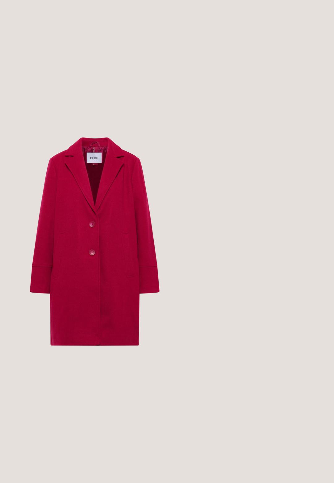 Long manteau rouge à simple boutonnage avec larges revers, deux boutons, poches latérales et manches longues, étiqueté « Cecil » à l’intérieur du col.; Salopette rouge à jambes larges avec un décolleté bateau et un détail de taille froncée. Fabriquée en tissu doux, elle présente un accent nœud à la taille.; Escarpin en cuir verni rouge à talon aiguille, avec un bout pointu, une surface lisse et un talon élancé, doté d'une semelle beige.; Lunettes de soleil surdimensionnées rouges avec une forme géométrique, verres dégradés gris et accents en chaîne dorée sur la branche. Monture en plastique glossy.; Sac à épaule en cuir matelassé rouge avec bandoulière chaîne et plaque logo Guess triangulaire sur le rabat avant.; Bracelet en or avec des pierres précieuses roses et un papillon central orné de perles et de petits cristaux, doté d'un fermoir à chaîne en or.