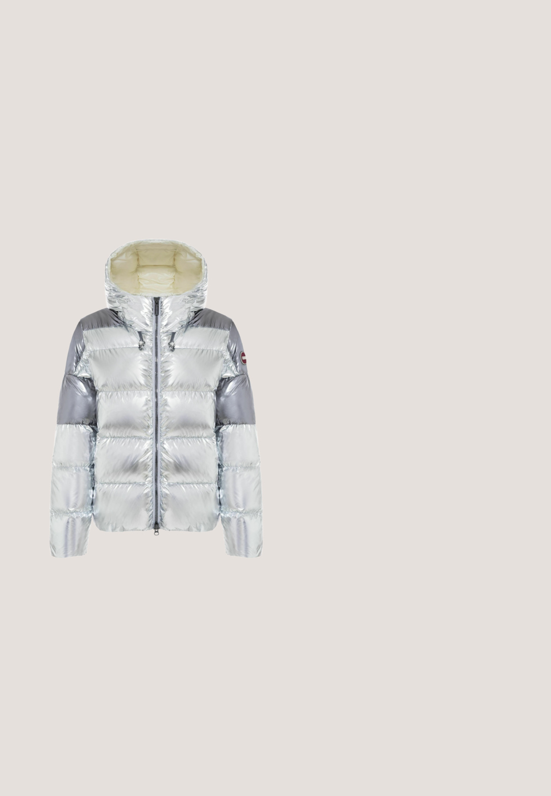Chaqueta acolchada plateada brillante con capucha, acolchado horizontal, cremallera completa delantera y parches plateados más oscuros en los hombros y la parte superior de los brazos.; Tejido metálico plateado con una textura suave y un ligero brillo. Forma rectangular, bordes bien cosidos, sin patrones o acentos prominentes.; Falda plateada de cuero sintético con un patrón texturizado de cocodrilo, que presenta dos botones azules como acentos y un diseño ajustado.; Zapatillas negras de plataforma con un acabado brillante de charol, que cuentan con suelas de goma gruesas, diseño de cordones y un detalle de logotipo en el lateral.; Bolso de mano plateado con forma redondeada, una asa suave y una correa de cadena plateada. Presenta un cierre de cremallera y acentos reflectantes.; Collar de cadena plateada de múltiples hilos con un detalle central de nudo y un cierre ajustable con extensión, sobre un fondo liso y claro.