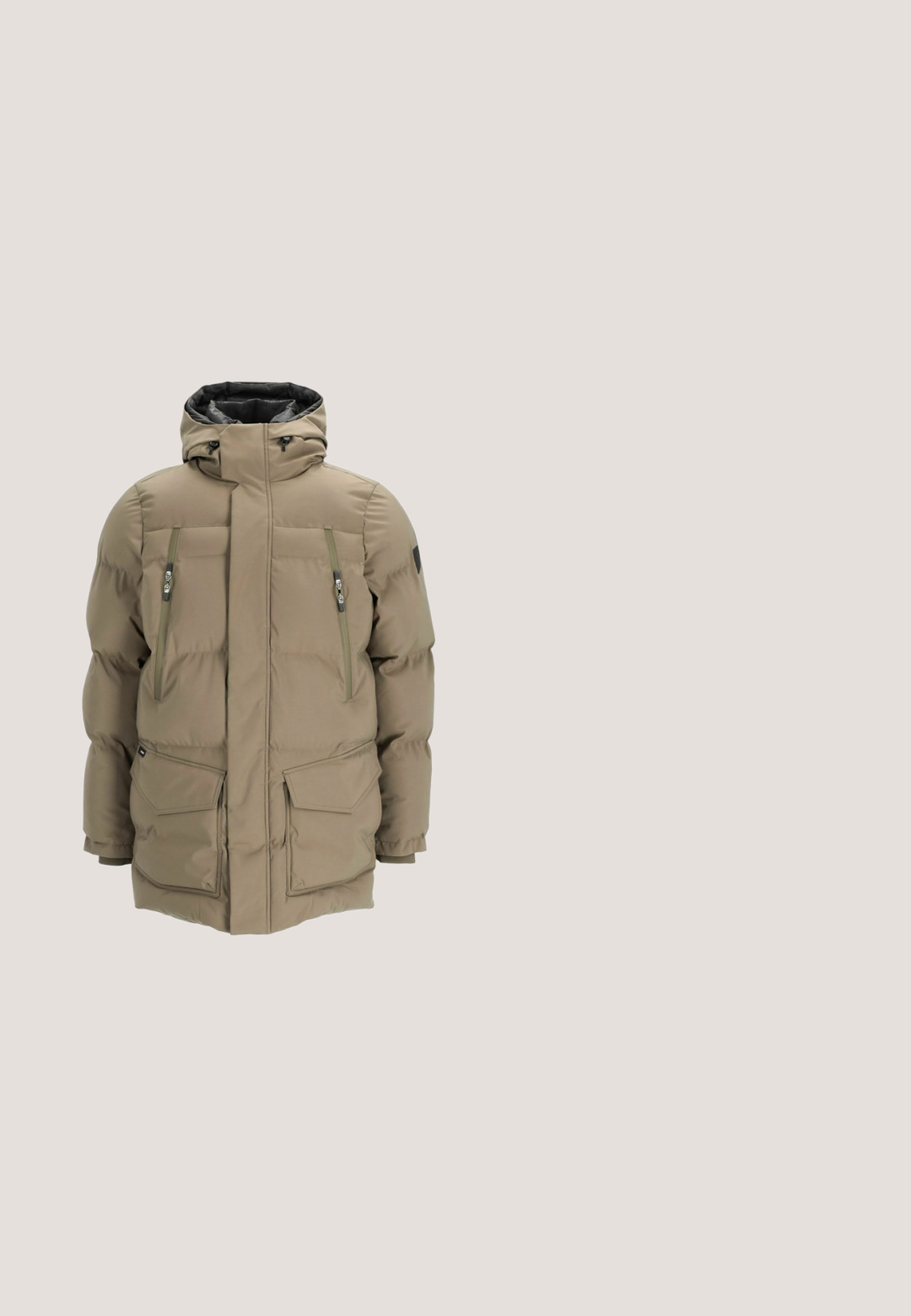 Kergelt vooderdatud parka heledas pruunis, kapuutsiga, kahe tõmblukuga rinna tasku ja kahe ees kootud taskuga. Omab siledat tekstuuri ja elastseid mansette.; Mere tumesinine kapuutsid, mis on valmistatud pehmest kangast, ees on tasku, reguleeritav kapuutsi nööri ja valge logo rinnal. Standardne lõige.; Lühikeste varrukatega, ümar kaelusega t-särk kreemjas värvitoonis puuvillast. Esiküljel on peene tikandiga logo. Mugav lõige, pehme tekstuur.; Kreemjas puuvillased spordipüksid, millel on elastne vöökoht ja tikitud logo. Sirge jala disain, sile tekstuur ja peened õmblusdetailid.; Roheline isoleeritud saabas, millel on polsterdatud ülemine osa, mustad nöörid ja paks beež tald. Küljes on "MOON BOOT" logo. Tekstuuritud kummitald.; Armani Exchange Päikeseprillid - matte black