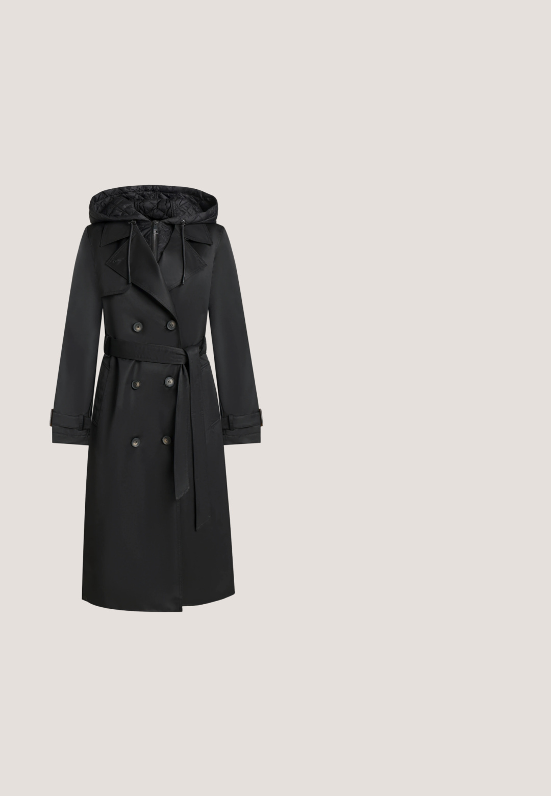 Zwarte double-breasted trenchcoat met tailleceintuur, doorgestikte ritskap met aantrekkoordje en met knopen gesloten manchetten op een effen achtergrond.; Navy blauwe cardigan met knopen, lange mouwen, ronde hals, geribbelde manchetten en zoom, en een klein geborduurd logo op de borst.; Zwarte kort-uit-sleeves knopen-overhemd van lichtgewicht stof. Bevat een klassieke kraag en een enkele borstzak. Gladde textuur.; Witte high-waist jeans met wijde pijpen, voor met knoop- en ritssluiting en vijf zakken, op een lichtgrijze achtergrond.; Zwarte platte schoen met spitse neus hangend boven een beige gestructureerd tapijt met een neutraal gekleurde bank op de achtergrond.; Zwarte leren riem met zilverkleurige ovale gesp, opgerold op een lichtgrijze achtergrond.